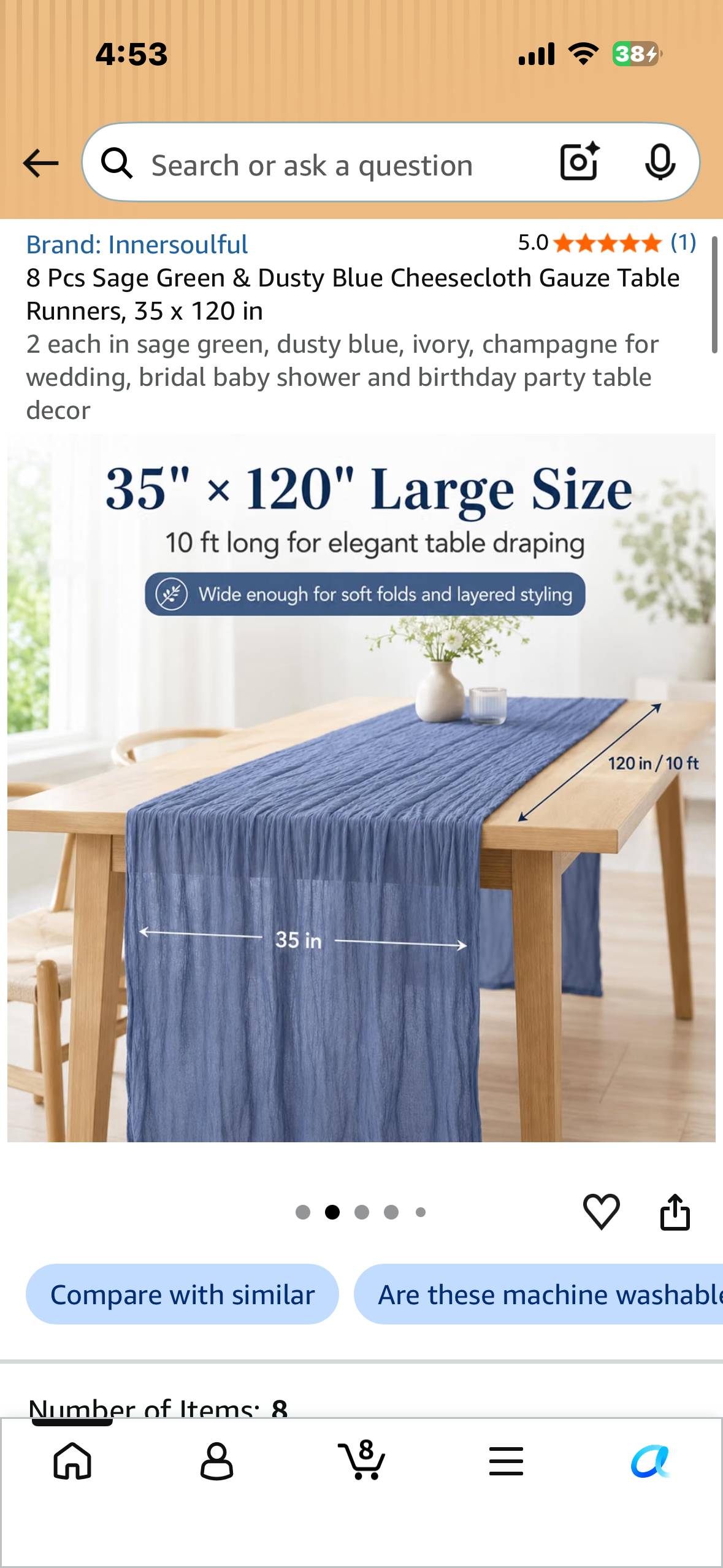 8 Pcs Sage Green & Dusty Blue Cheesecloth Gauze Table Runners, 35 x 120 in 2 each in sage green, dusty blue, ivory, champagne for wedding, bridal baby shower and birthday party table decor