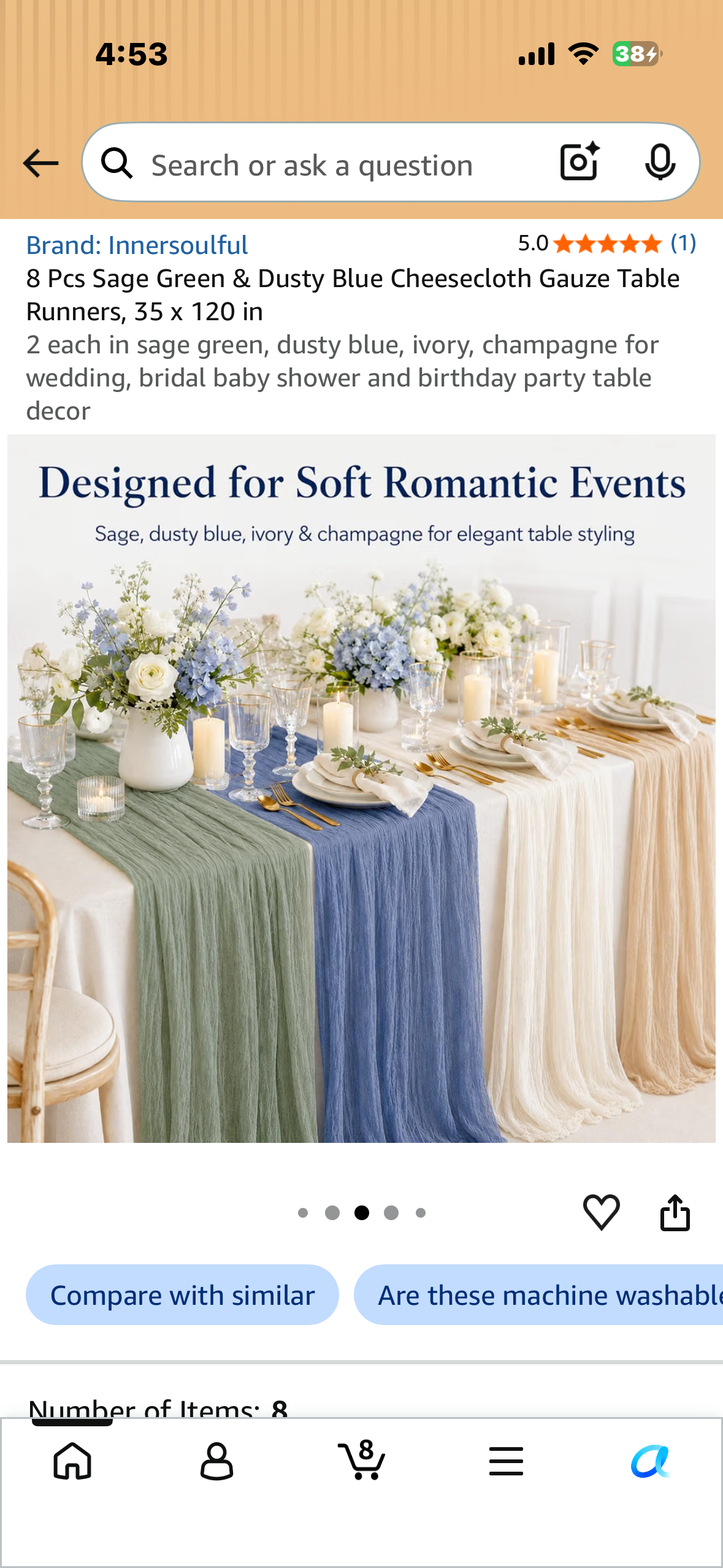 8 Pcs Sage Green & Dusty Blue Cheesecloth Gauze Table Runners, 35 x 120 in 2 each in sage green, dusty blue, ivory, champagne for wedding, bridal baby shower and birthday party table decor