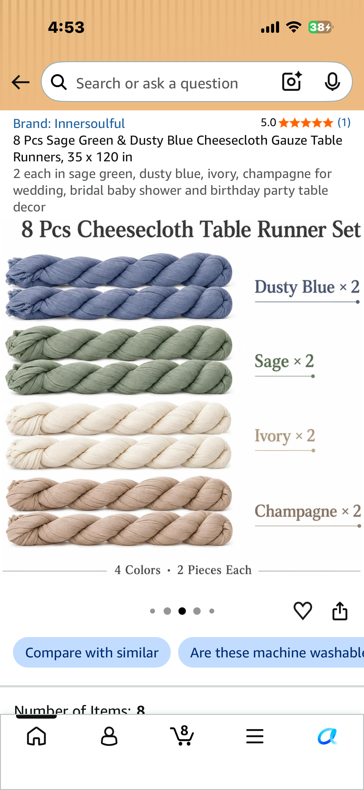 8 Pcs Sage Green & Dusty Blue Cheesecloth Gauze Table Runners, 35 x 120 in 2 each in sage green, dusty blue, ivory, champagne for wedding, bridal baby shower and birthday party table decor