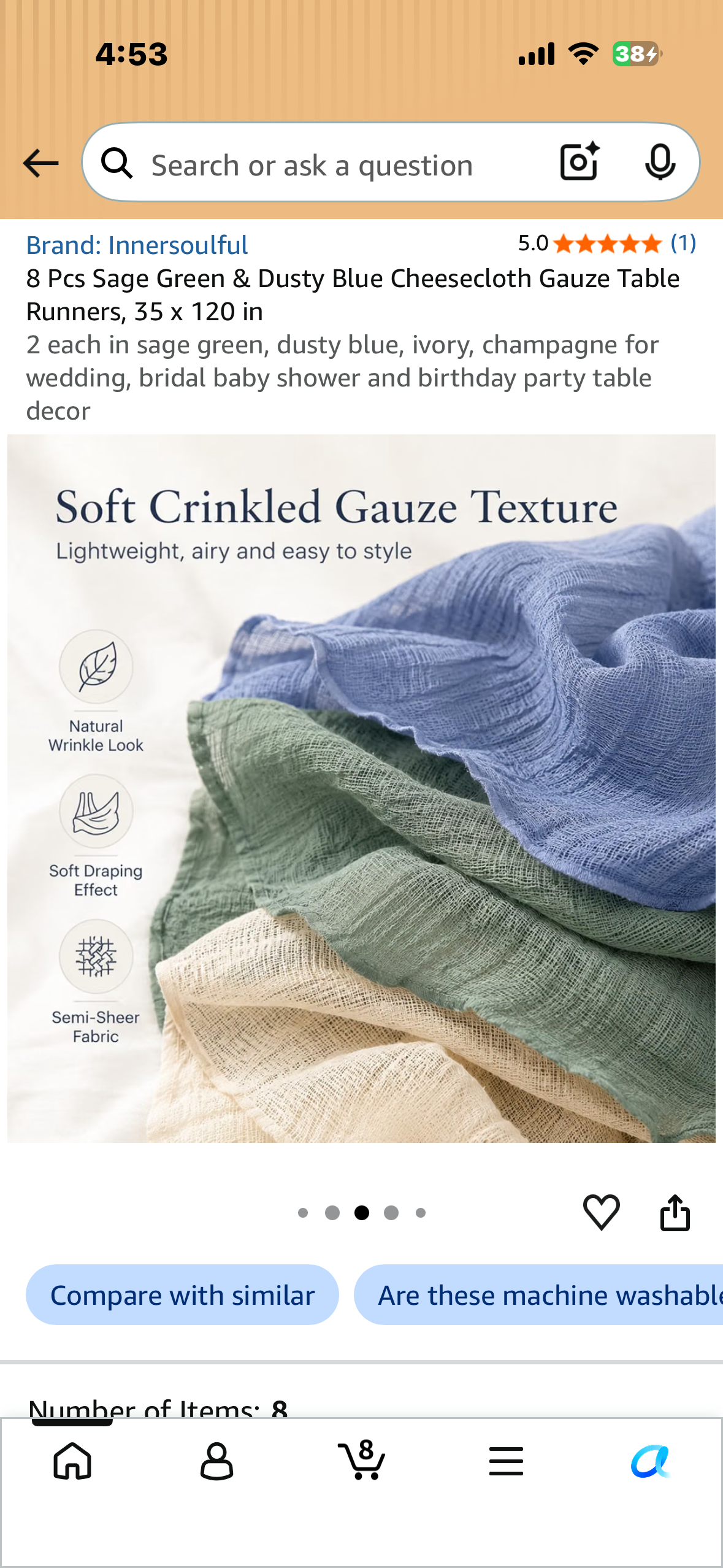8 Pcs Sage Green & Dusty Blue Cheesecloth Gauze Table Runners, 35 x 120 in 2 each in sage green, dusty blue, ivory, champagne for wedding, bridal baby shower and birthday party table decor