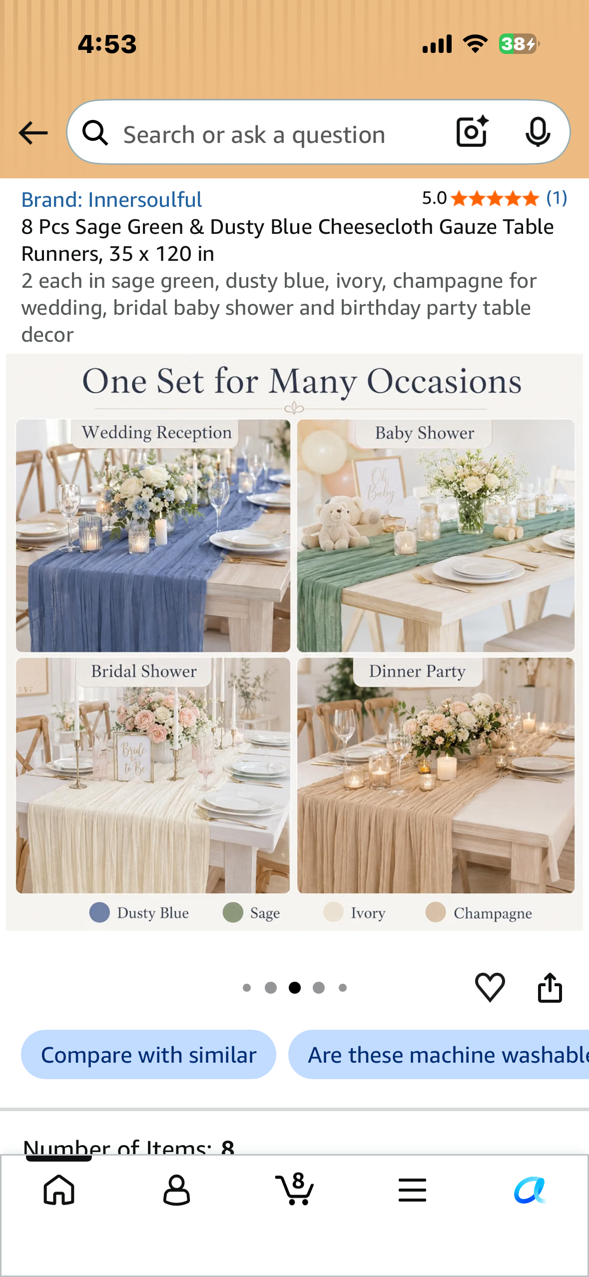 8 Pcs Sage Green & Dusty Blue Cheesecloth Gauze Table Runners, 35 x 120 in 2 each in sage green, dusty blue, ivory, champagne for wedding, bridal baby shower and birthday party table decor