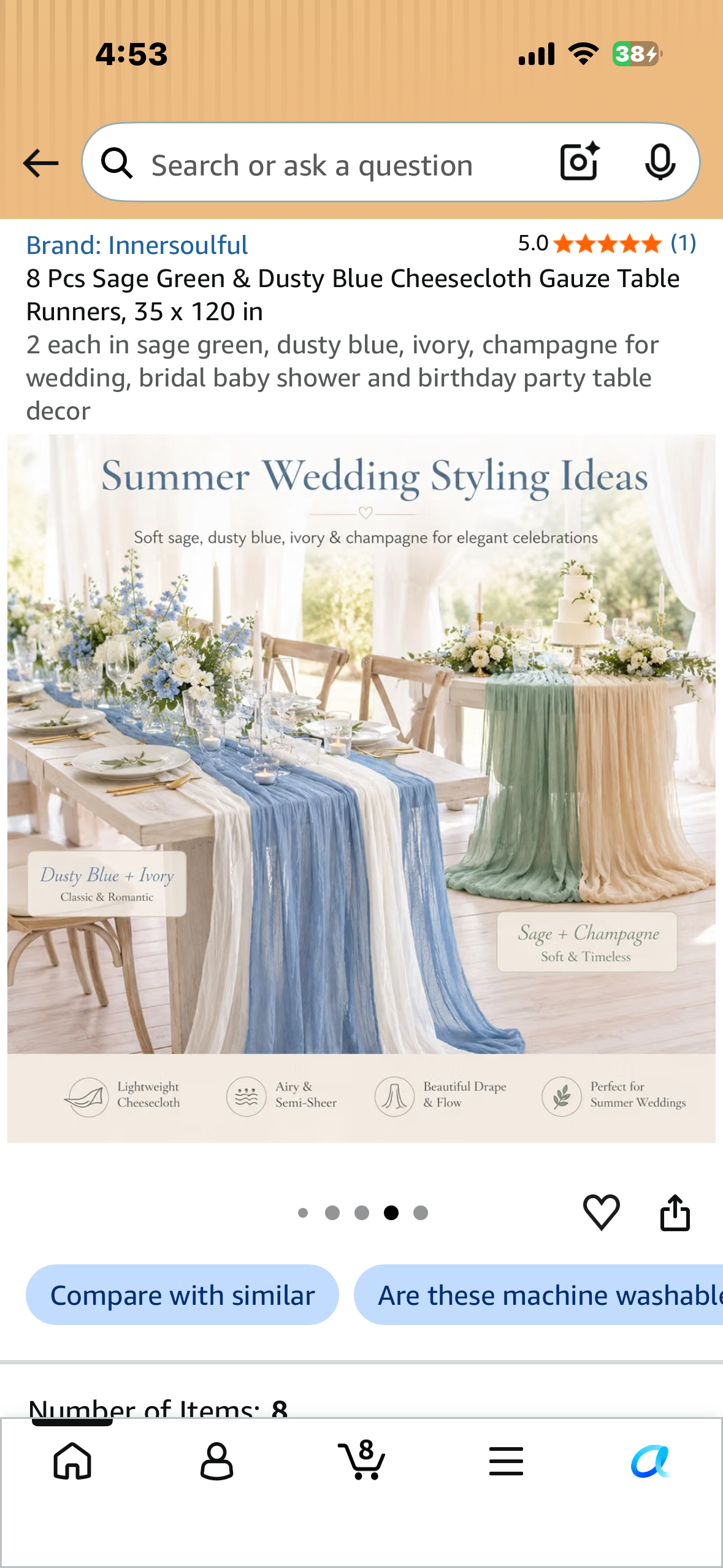 8 Pcs Sage Green & Dusty Blue Cheesecloth Gauze Table Runners, 35 x 120 in 2 each in sage green, dusty blue, ivory, champagne for wedding, bridal baby shower and birthday party table decor