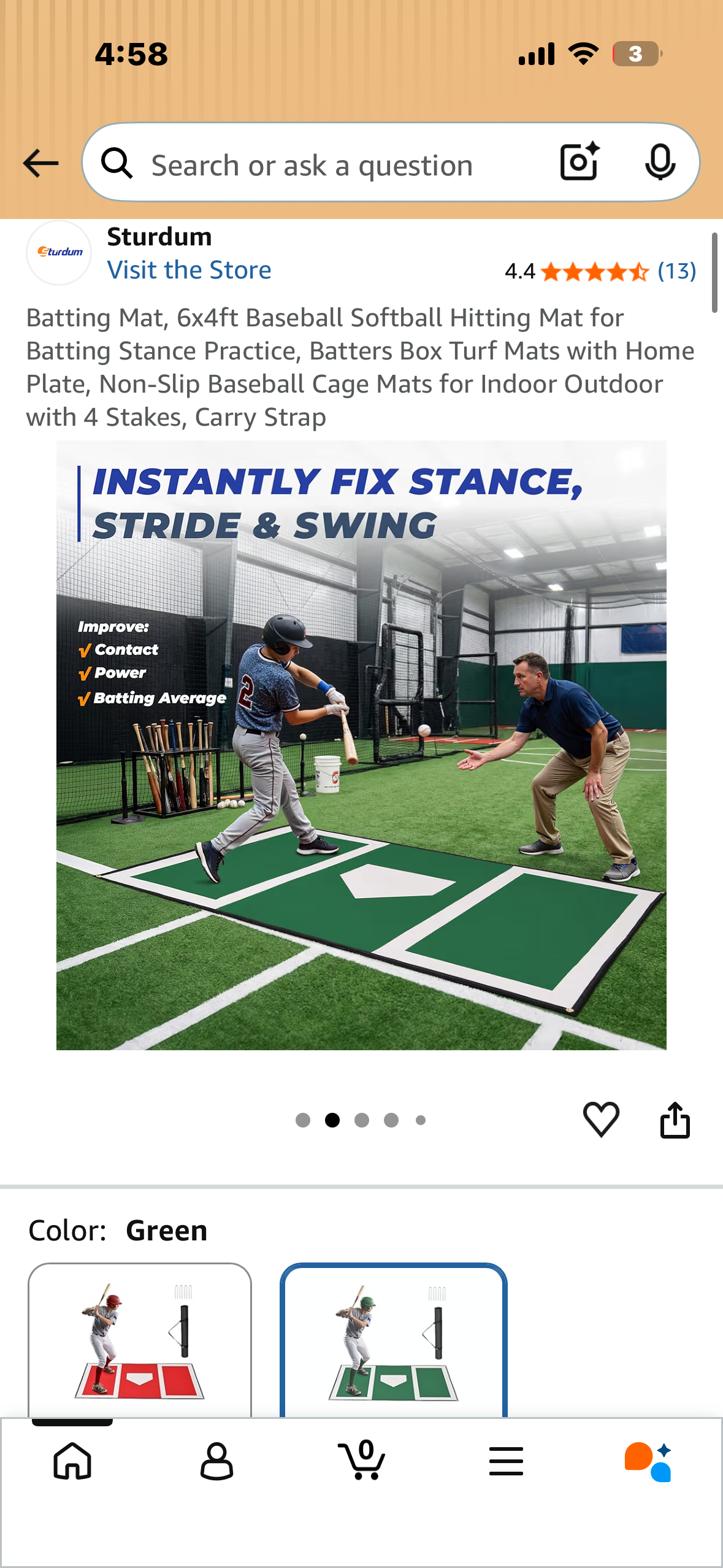 Batting Mat, 6x4ft Baseball Softball Hitting Mat for Batting Stance Practice, Batters Box Turf Mats with Home Plate, Non-Slip Baseball Cage Mats for Indoor Outdoor with 4 Stakes, Carry Strap (W671)