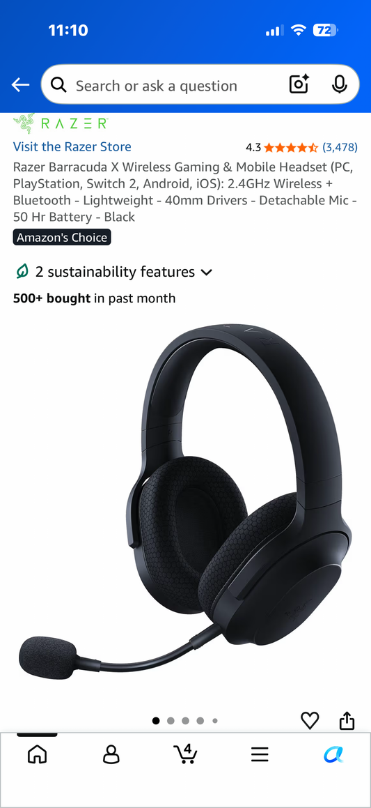 Razer Barracuda X Wireless Gaming & Mobile Headset (PC, PlayStation, Switch 2, Android, iOS): 2.4GHz Wireless + Bluetooth - Lightweight - 40mm Drivers - Detachable Mic - 50 Hr Battery - Black