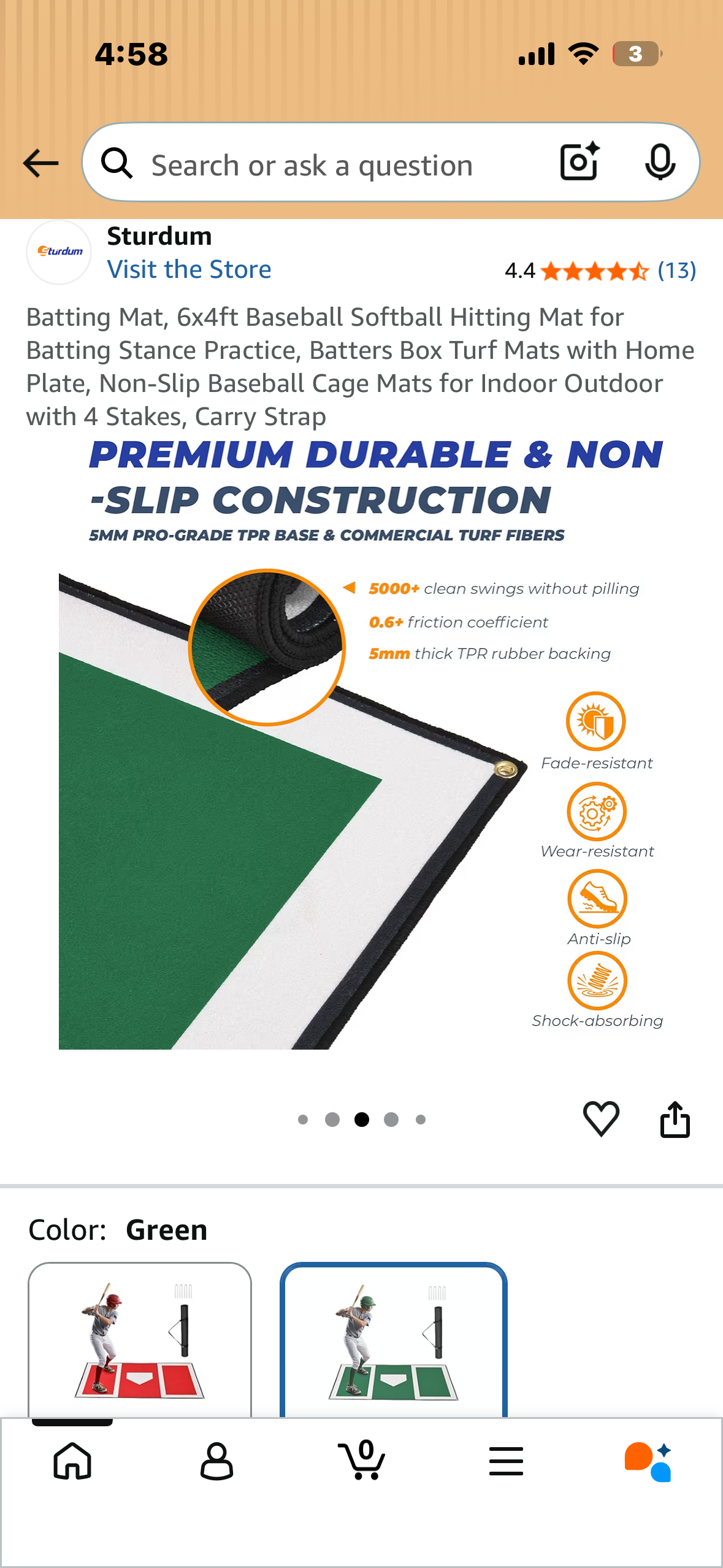 Batting Mat, 6x4ft Baseball Softball Hitting Mat for Batting Stance Practice, Batters Box Turf Mats with Home Plate, Non-Slip Baseball Cage Mats for Indoor Outdoor with 4 Stakes, Carry Strap (W671)