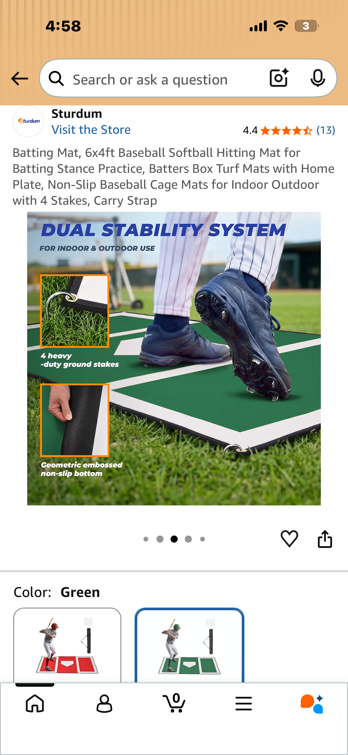 Batting Mat, 6x4ft Baseball Softball Hitting Mat for Batting Stance Practice, Batters Box Turf Mats with Home Plate, Non-Slip Baseball Cage Mats for Indoor Outdoor with 4 Stakes, Carry Strap (W671)