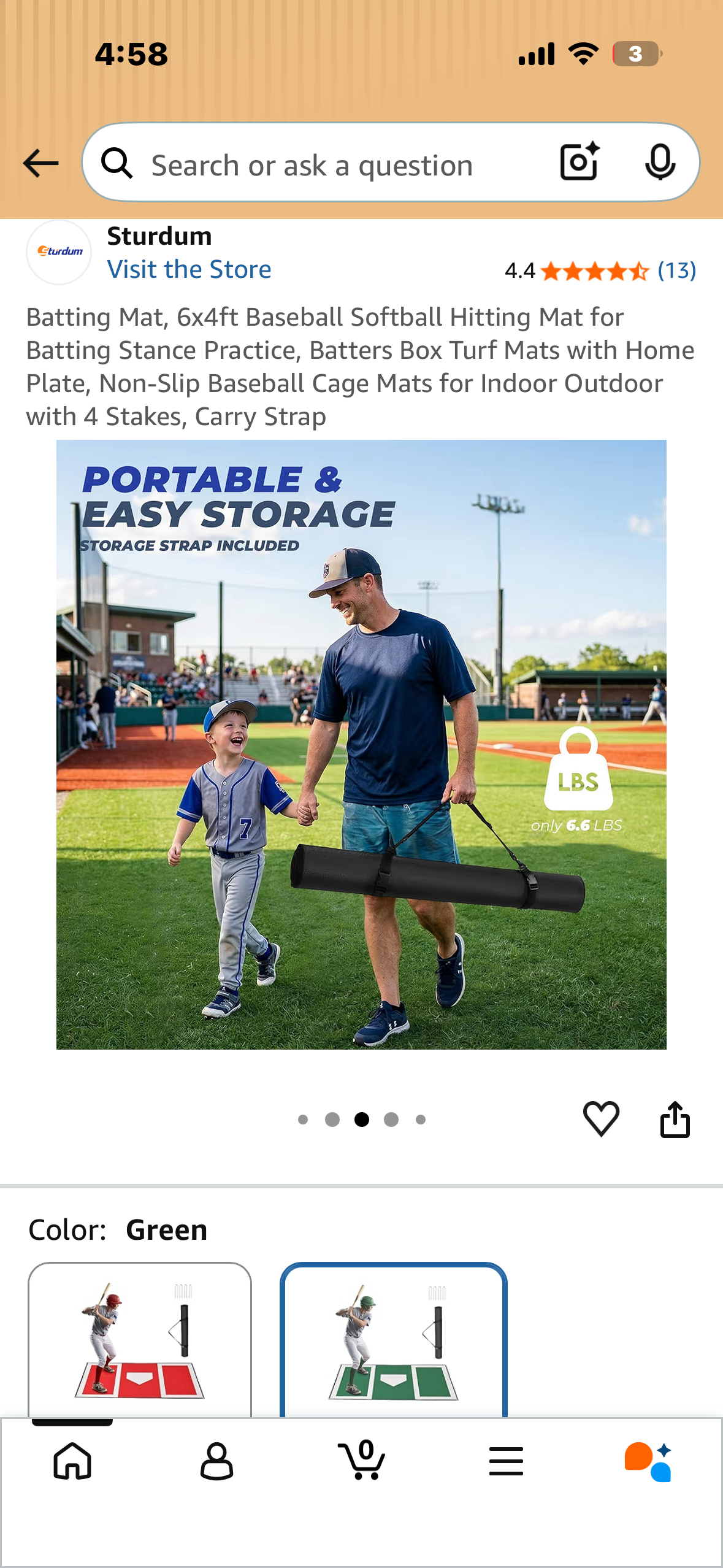 Batting Mat, 6x4ft Baseball Softball Hitting Mat for Batting Stance Practice, Batters Box Turf Mats with Home Plate, Non-Slip Baseball Cage Mats for Indoor Outdoor with 4 Stakes, Carry Strap (W671)