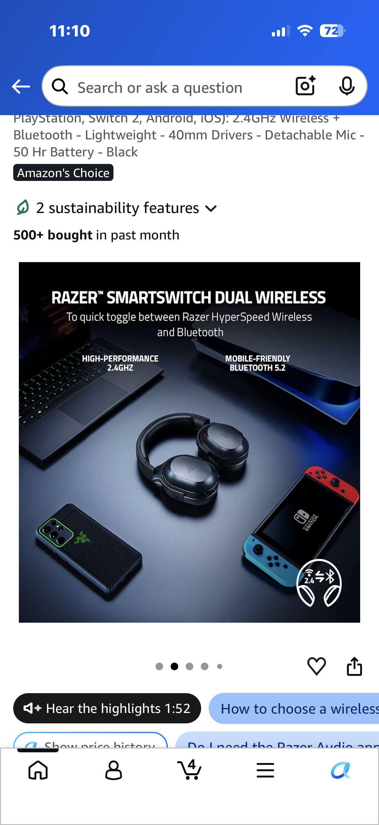 Razer Barracuda X Wireless Gaming & Mobile Headset (PC, PlayStation, Switch 2, Android, iOS): 2.4GHz Wireless + Bluetooth - Lightweight - 40mm Drivers - Detachable Mic - 50 Hr Battery - Black