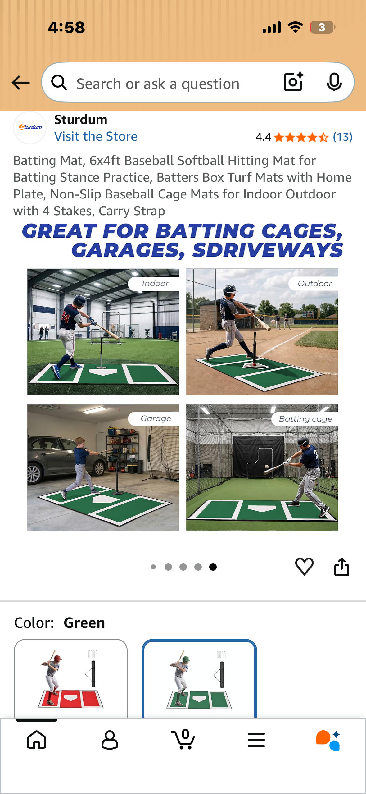 Batting Mat, 6x4ft Baseball Softball Hitting Mat for Batting Stance Practice, Batters Box Turf Mats with Home Plate, Non-Slip Baseball Cage Mats for Indoor Outdoor with 4 Stakes, Carry Strap (W671)