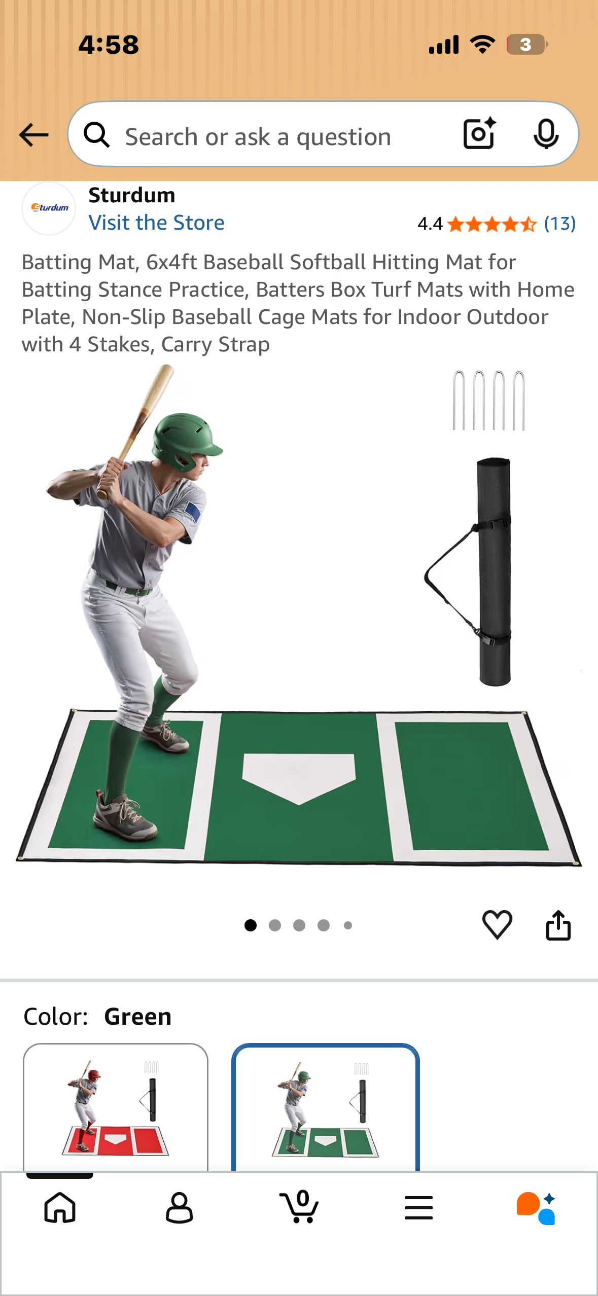 Batting Mat, 6x4ft Baseball Softball Hitting Mat for Batting Stance Practice, Batters Box Turf Mats with Home Plate, Non-Slip Baseball Cage Mats for Indoor Outdoor with 4 Stakes, Carry Strap (W671)