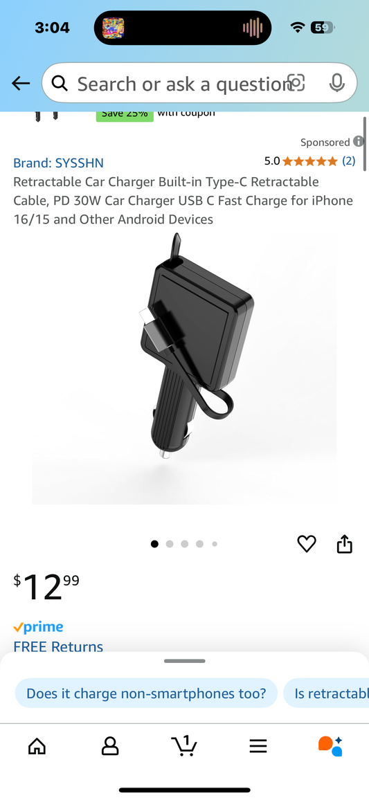 Retractable Car Charger Built-in Type-C Retractable Cable, PD 30W Car Charger USB C Fast Charge for iPhone 16/15 and Other Android Devices