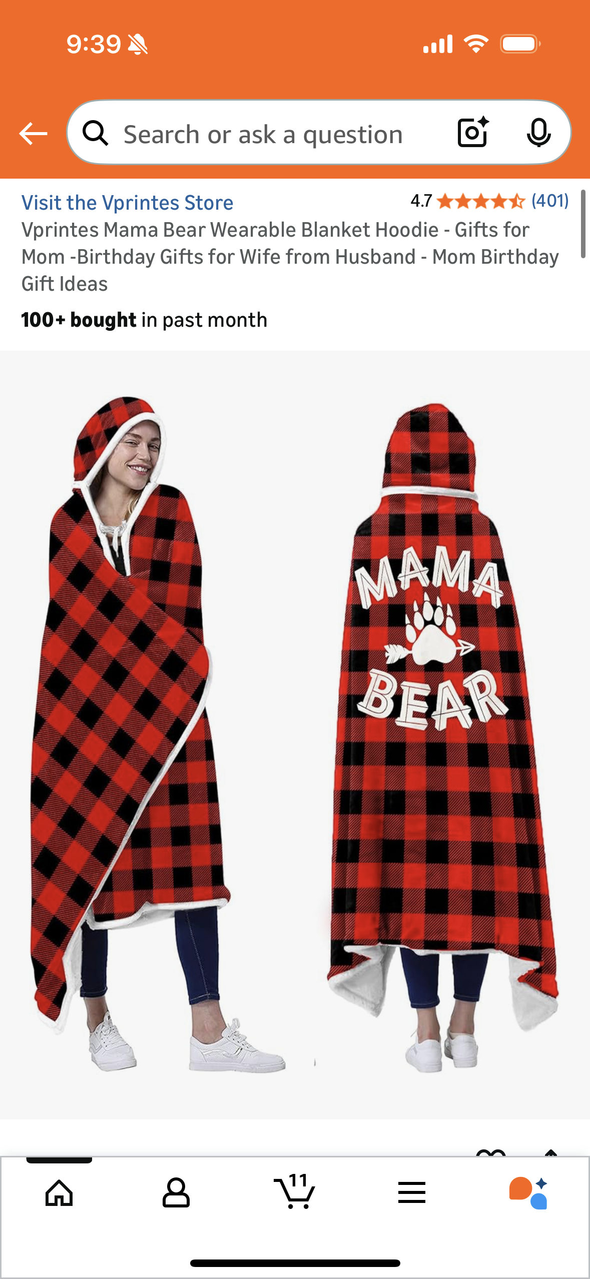 Vprintes Mama Bear Wearable Blanket Hoodie - Gifts for Mom -Birthday Gifts for Wife from Husband - Mom Birthday Gift Ideas