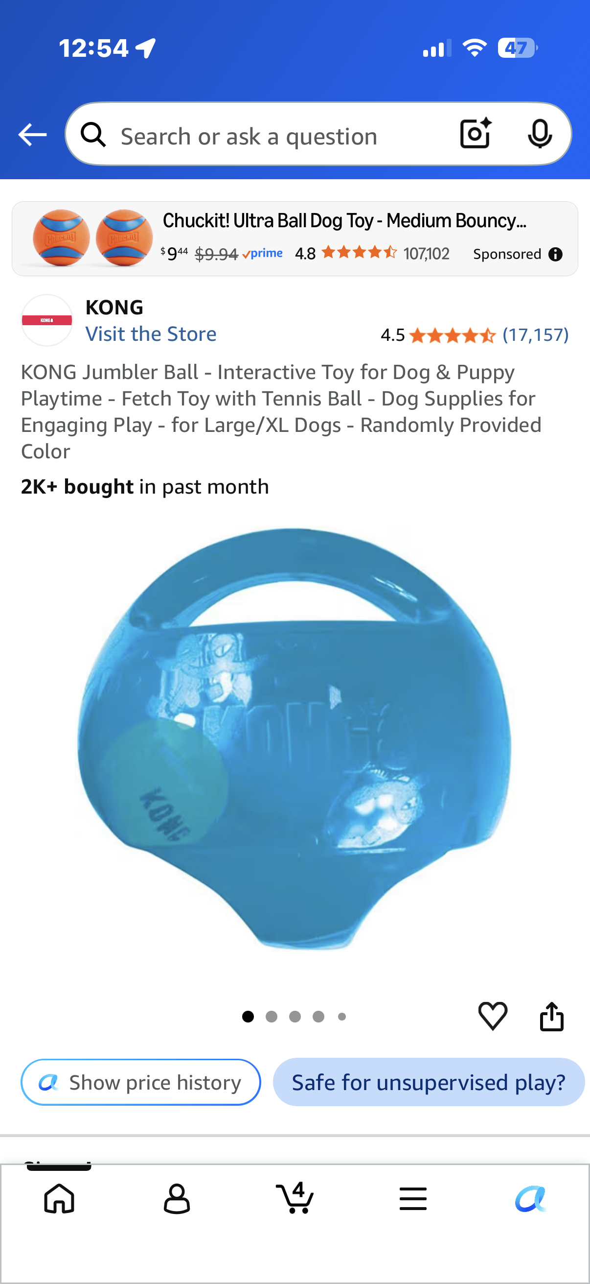 KONG Jumbler Ball - Interactive Toy for Dog & Puppy Playtime - Fetch Toy with Tennis Ball - Dog Supplies for Engaging Play - for Large/XL Dogs - Randomly Provided Color