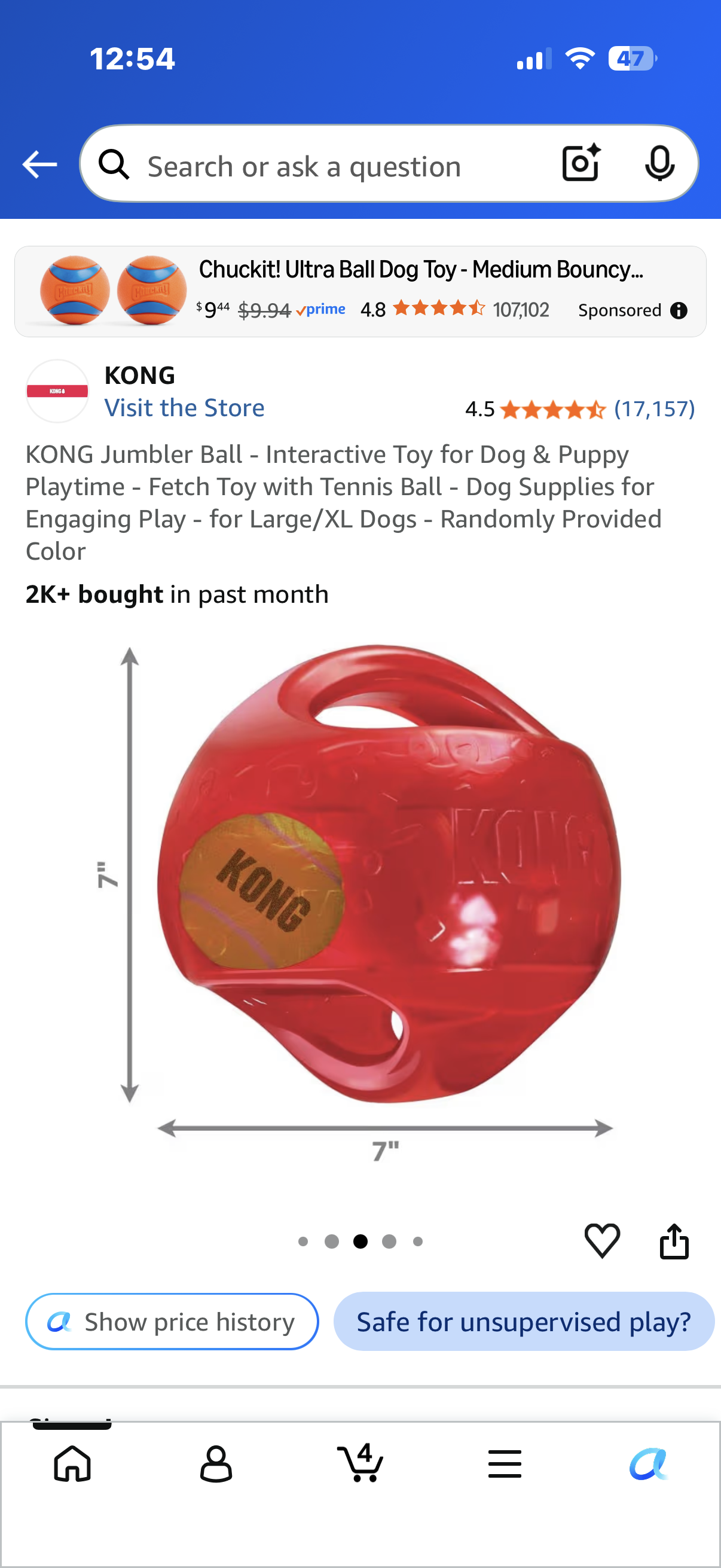 KONG Jumbler Ball - Interactive Toy for Dog & Puppy Playtime - Fetch Toy with Tennis Ball - Dog Supplies for Engaging Play - for Large/XL Dogs - Randomly Provided Color