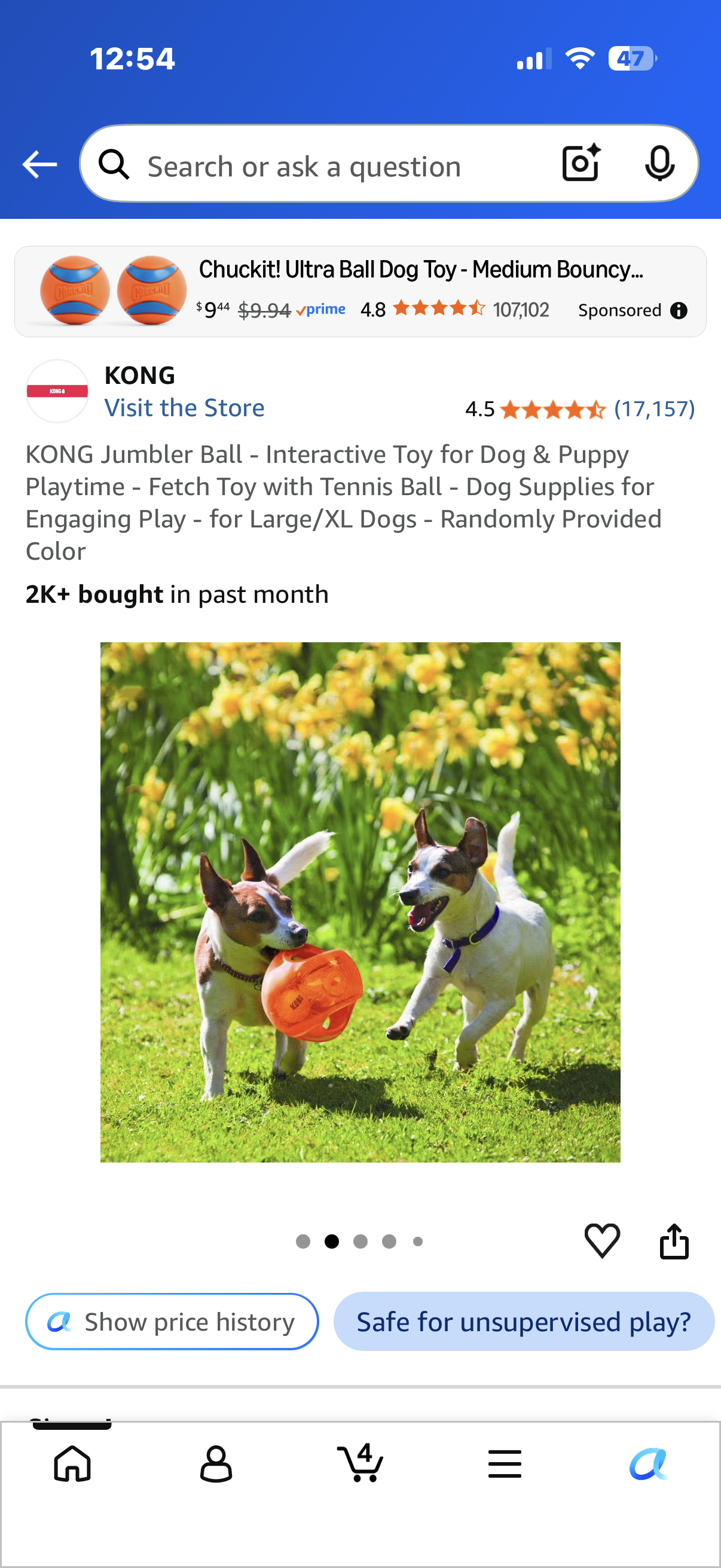 KONG Jumbler Ball - Interactive Toy for Dog & Puppy Playtime - Fetch Toy with Tennis Ball - Dog Supplies for Engaging Play - for Large/XL Dogs - Randomly Provided Color