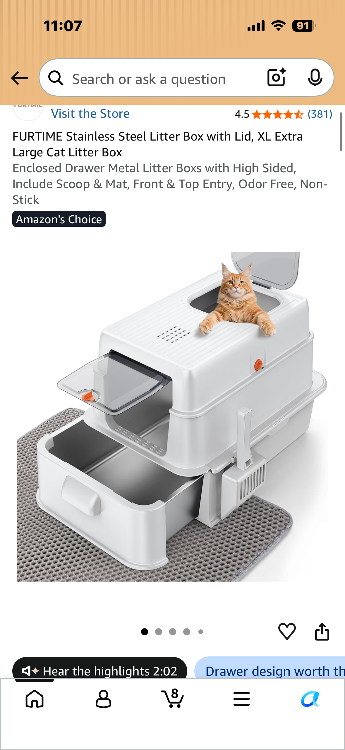 Stainless Steel Litter Box with Lid, XL Extra Large Cat Litter Box Enclosed Drawer Metal Litter Boxs with High Sided, Include Scoop & Mat, Front & Top Entry, Odor Free, Non-Stick