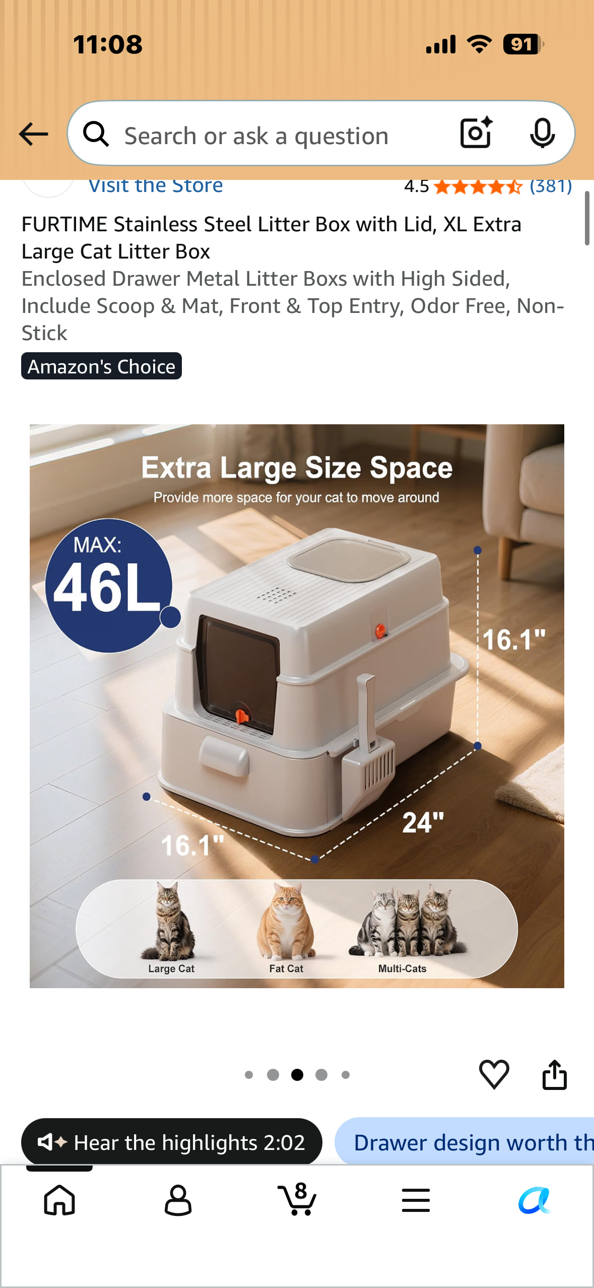 Stainless Steel Litter Box with Lid, XL Extra Large Cat Litter Box Enclosed Drawer Metal Litter Boxs with High Sided, Include Scoop & Mat, Front & Top Entry, Odor Free, Non-Stick