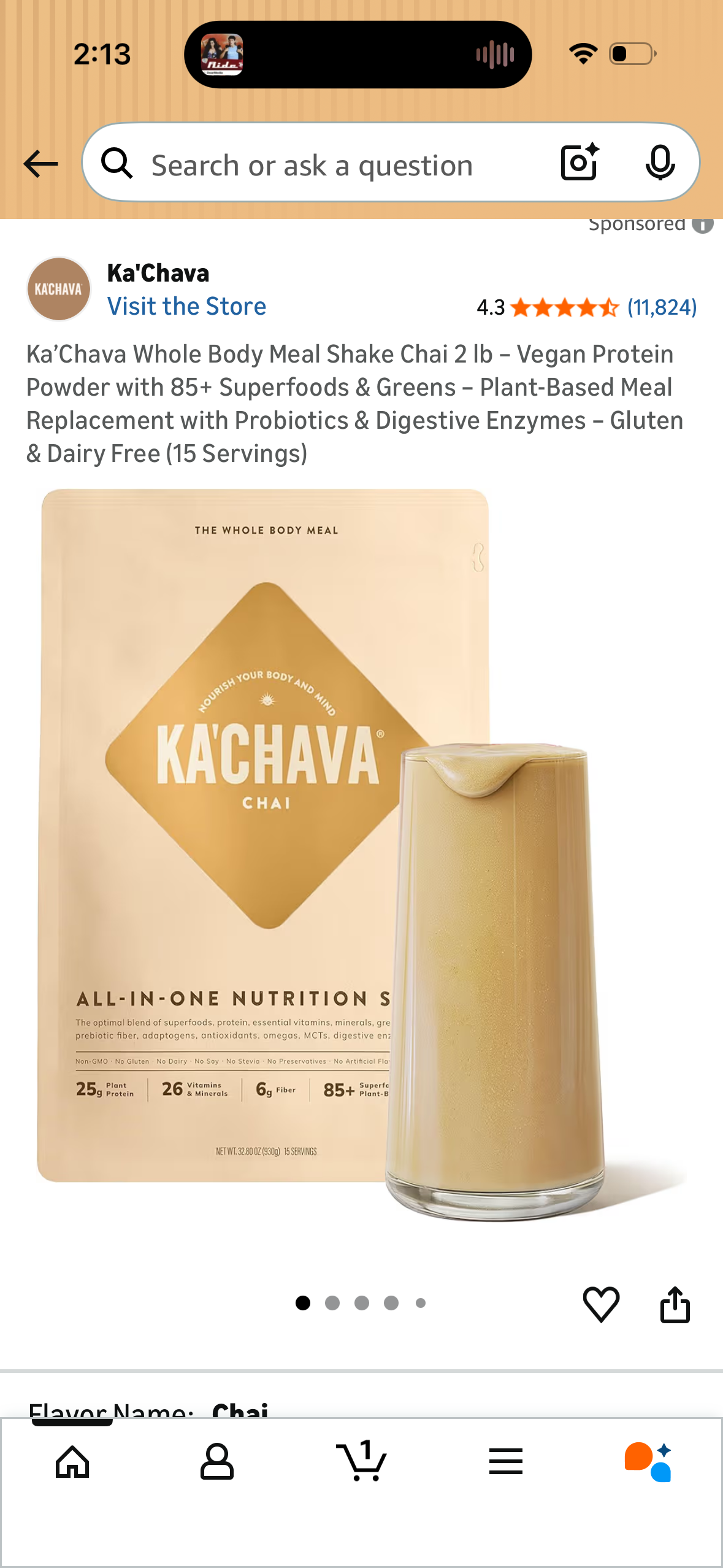 Ka’Chava Whole Body Meal Shake Chai 2 lb – Vegan Protein Powder with 85+ Superfoods & Greens – Plant-Based Meal Replacement with Probiotics & Digestive Enzymes – Gluten & Dairy Free (15 Servings)