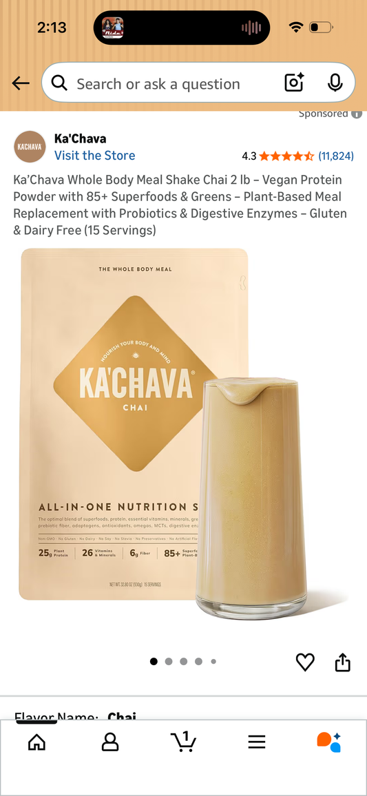 Ka’Chava Whole Body Meal Shake Chai 2 lb – Vegan Protein Powder with 85+ Superfoods & Greens – Plant-Based Meal Replacement with Probiotics & Digestive Enzymes – Gluten & Dairy Free (15 Servings)