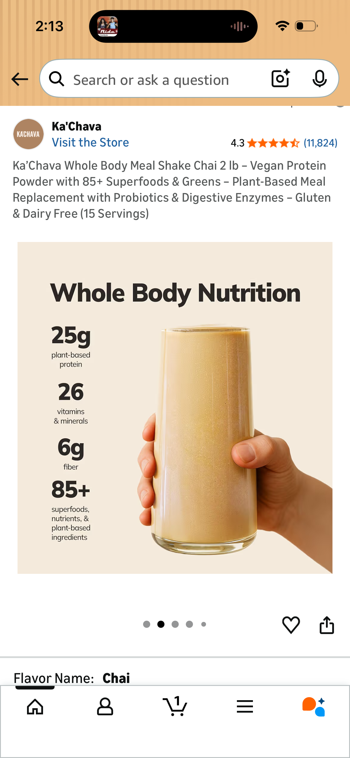 Ka’Chava Whole Body Meal Shake Chai 2 lb – Vegan Protein Powder with 85+ Superfoods & Greens – Plant-Based Meal Replacement with Probiotics & Digestive Enzymes – Gluten & Dairy Free (15 Servings)