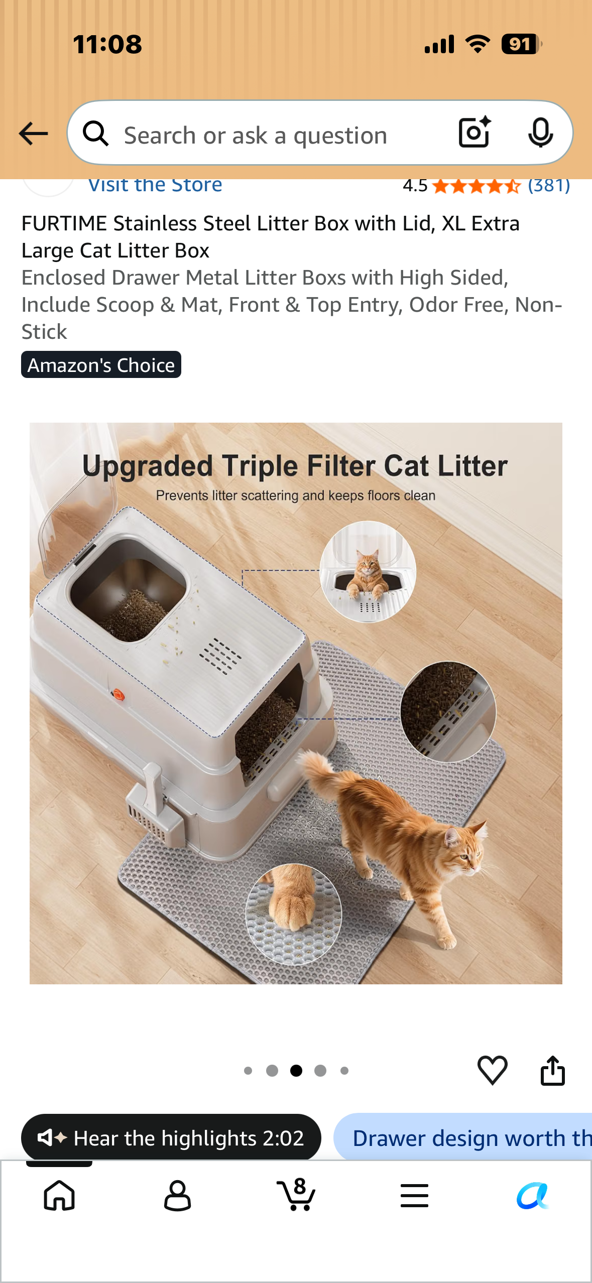 Stainless Steel Litter Box with Lid, XL Extra Large Cat Litter Box Enclosed Drawer Metal Litter Boxs with High Sided, Include Scoop & Mat, Front & Top Entry, Odor Free, Non-Stick