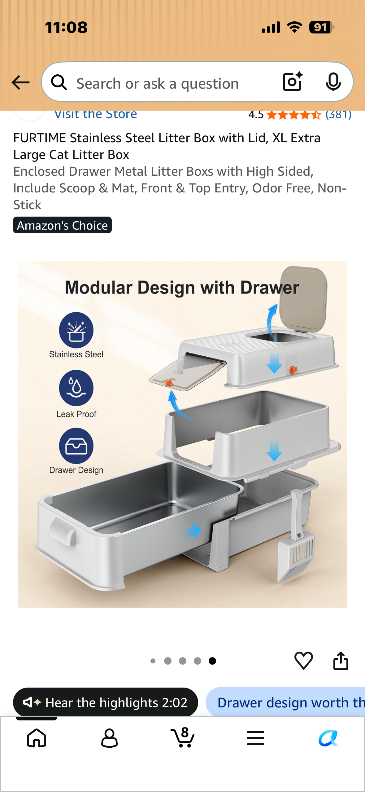 Stainless Steel Litter Box with Lid, XL Extra Large Cat Litter Box Enclosed Drawer Metal Litter Boxs with High Sided, Include Scoop & Mat, Front & Top Entry, Odor Free, Non-Stick