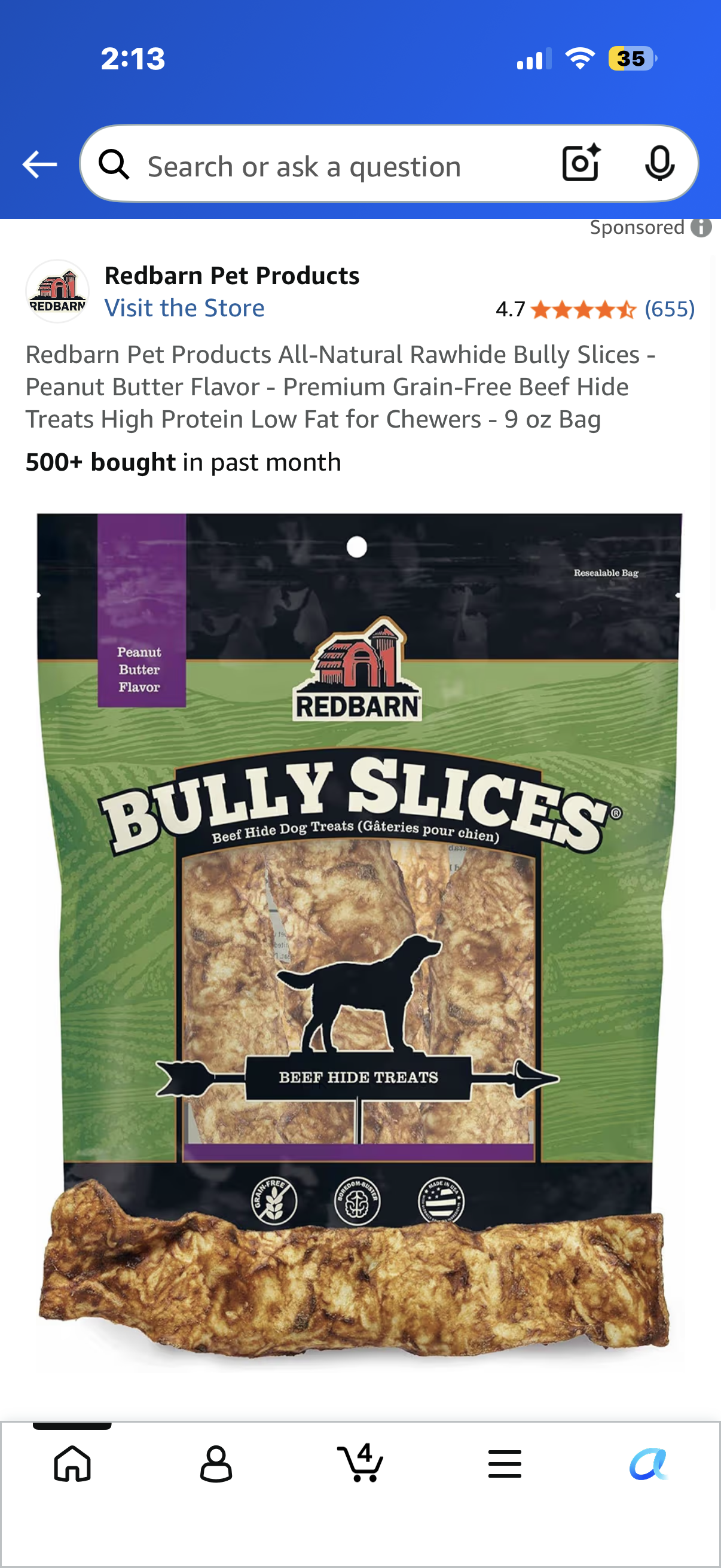 Redbarn Pet Products All-Natural Rawhide Bully Slices - Peanut Butter Flavor - Premium Grain-Free Beef Hide Treats High Protein Low Fat for Chewers - 9 oz Bag