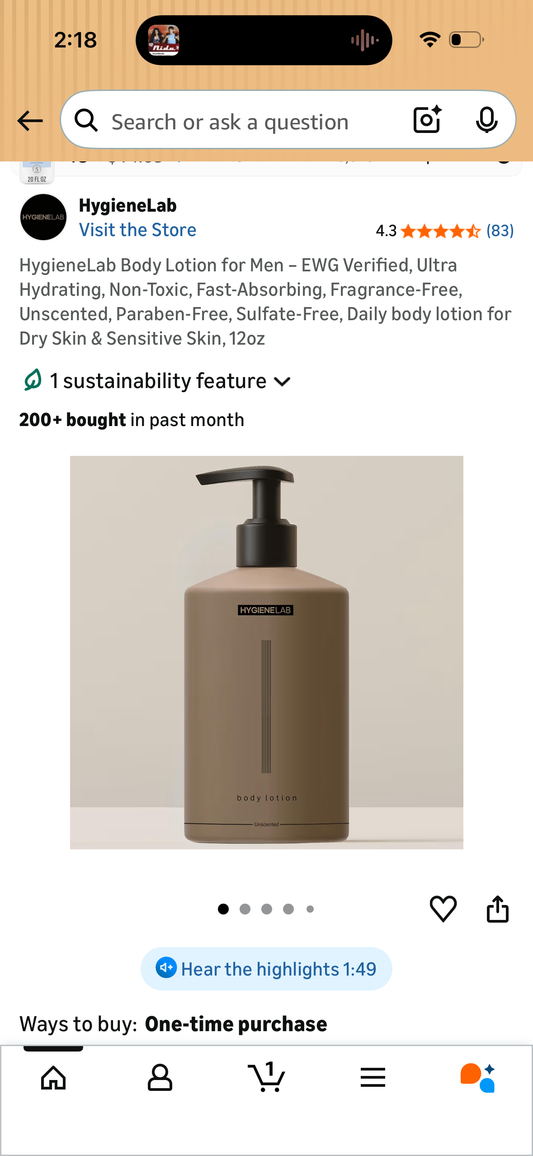 HygieneLab Body Lotion for Men – EWG Verified, Ultra Hydrating, Non-Toxic, Fast-Absorbing, Fragrance-Free, Unscented, Paraben-Free, Sulfate-Free, Daily body lotion for Dry Skin & Sensitive Skin, 12oz