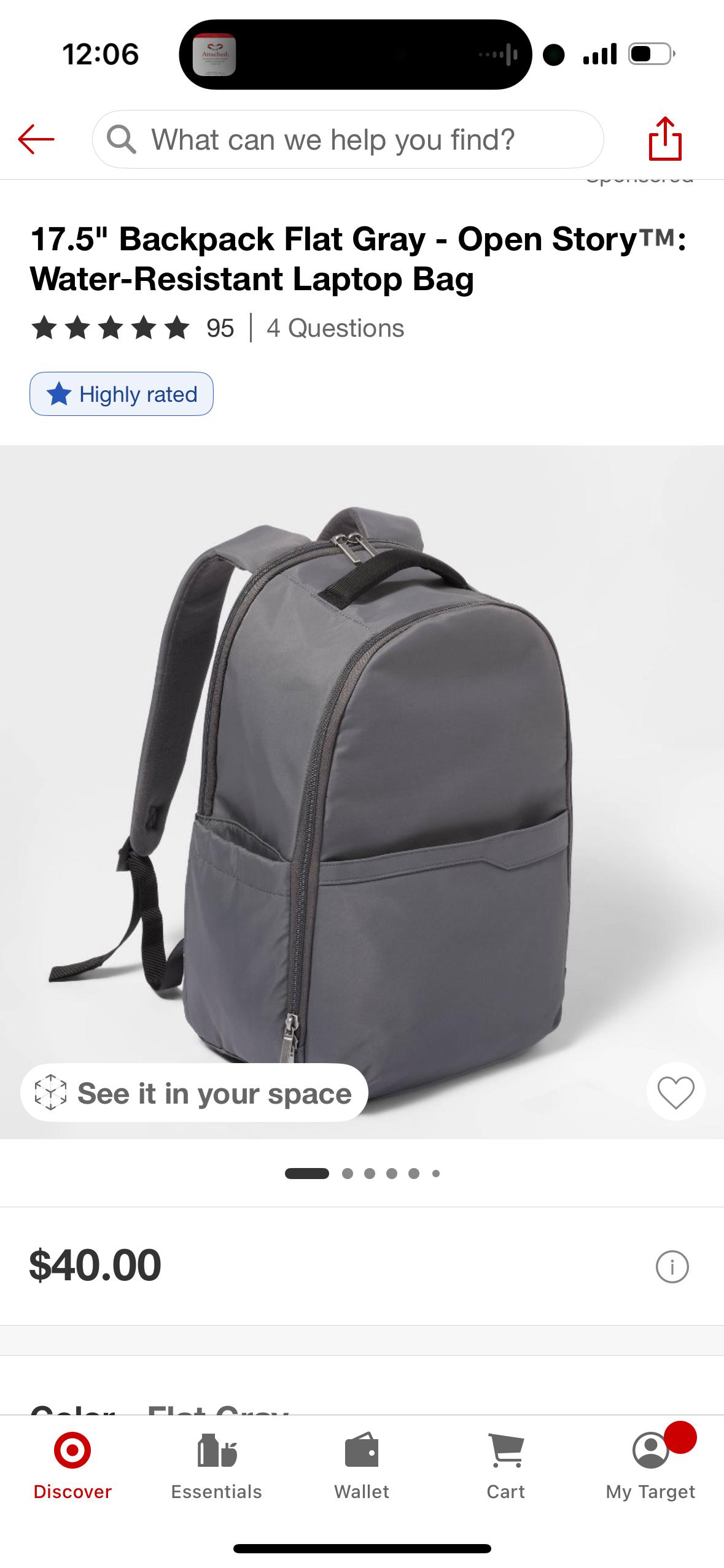 17.5" Backpack Flat Gray - Open StoryTM: Water-Resistant Laptop Bag