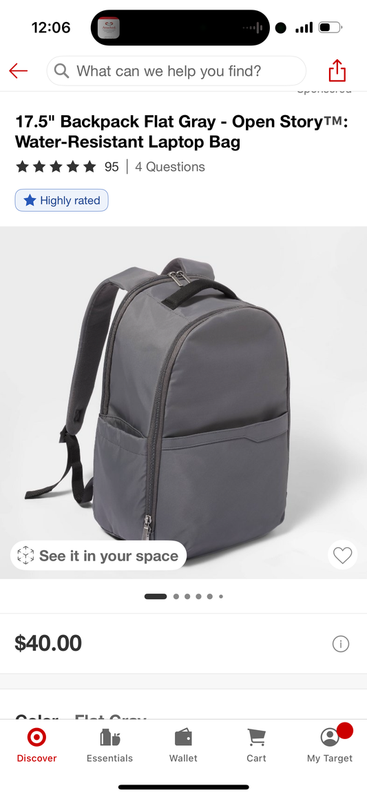 17.5" Backpack Flat Gray - Open StoryTM: Water-Resistant Laptop Bag