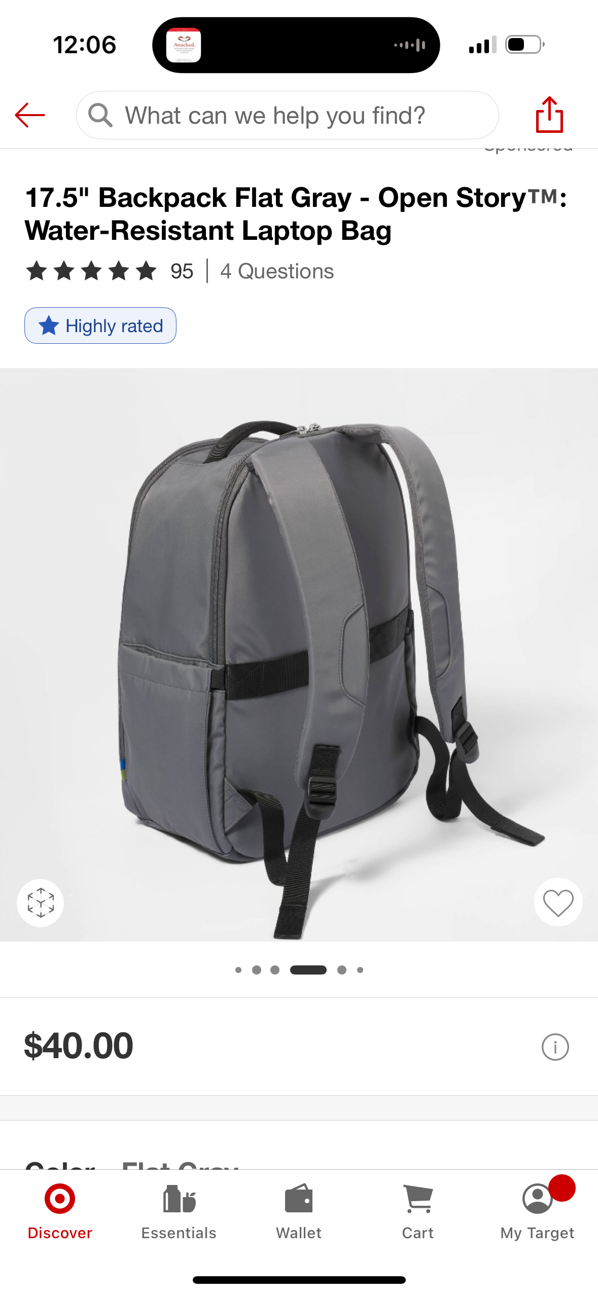 17.5" Backpack Flat Gray - Open StoryTM: Water-Resistant Laptop Bag