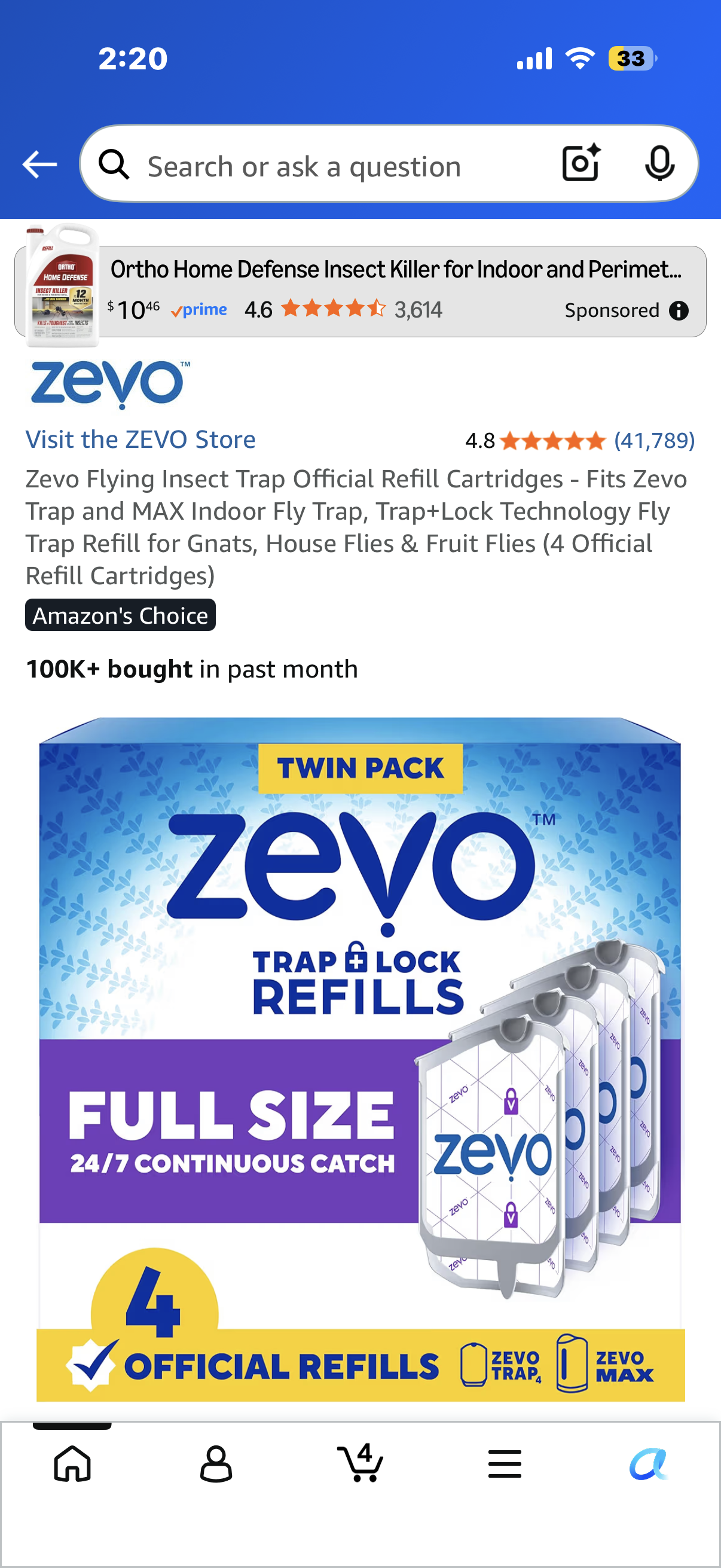 Zevo Flying Insect Trap Official Refill Cartridges - Fits Zevo Trap and MAX Indoor Fly Trap, Trap+Lock Technology Fly Trap Refill for Gnats, House Flies & Fruit Flies (4 Official Refill Cartridges)