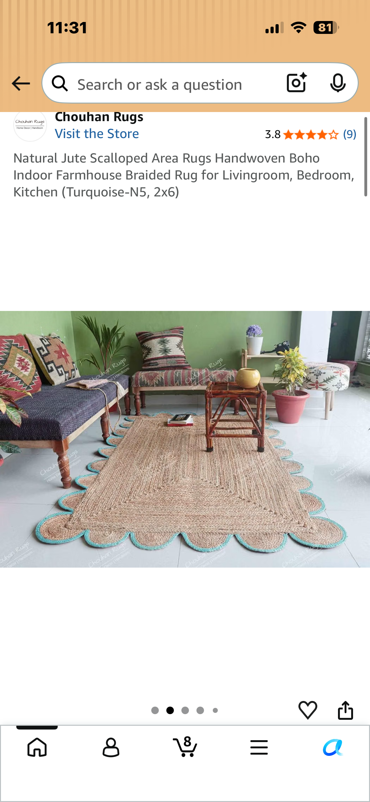 Natural Jute Scalloped Area Rugs Handwoven Boho Indoor Farmhouse Braided Rug for Livingroom, Bedroom, Kitchen (Turquoise-N5, 2x6)