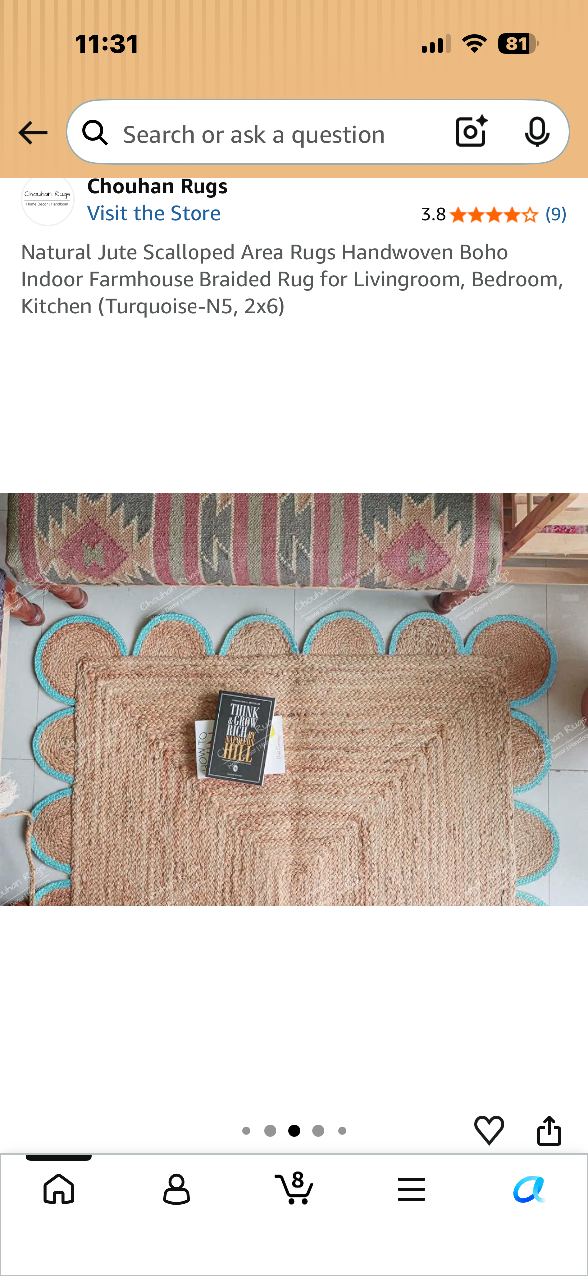 Natural Jute Scalloped Area Rugs Handwoven Boho Indoor Farmhouse Braided Rug for Livingroom, Bedroom, Kitchen (Turquoise-N5, 2x6)