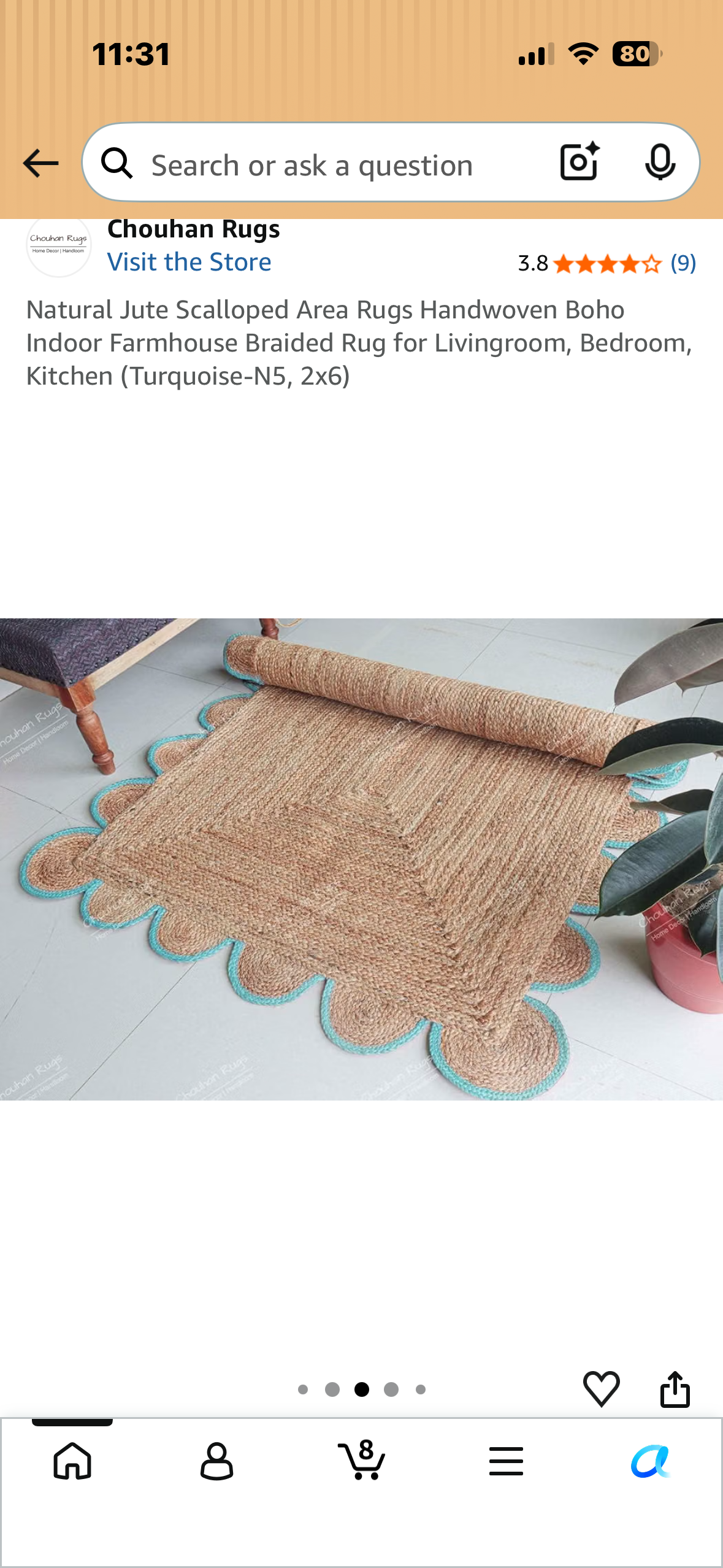 Natural Jute Scalloped Area Rugs Handwoven Boho Indoor Farmhouse Braided Rug for Livingroom, Bedroom, Kitchen (Turquoise-N5, 2x6)