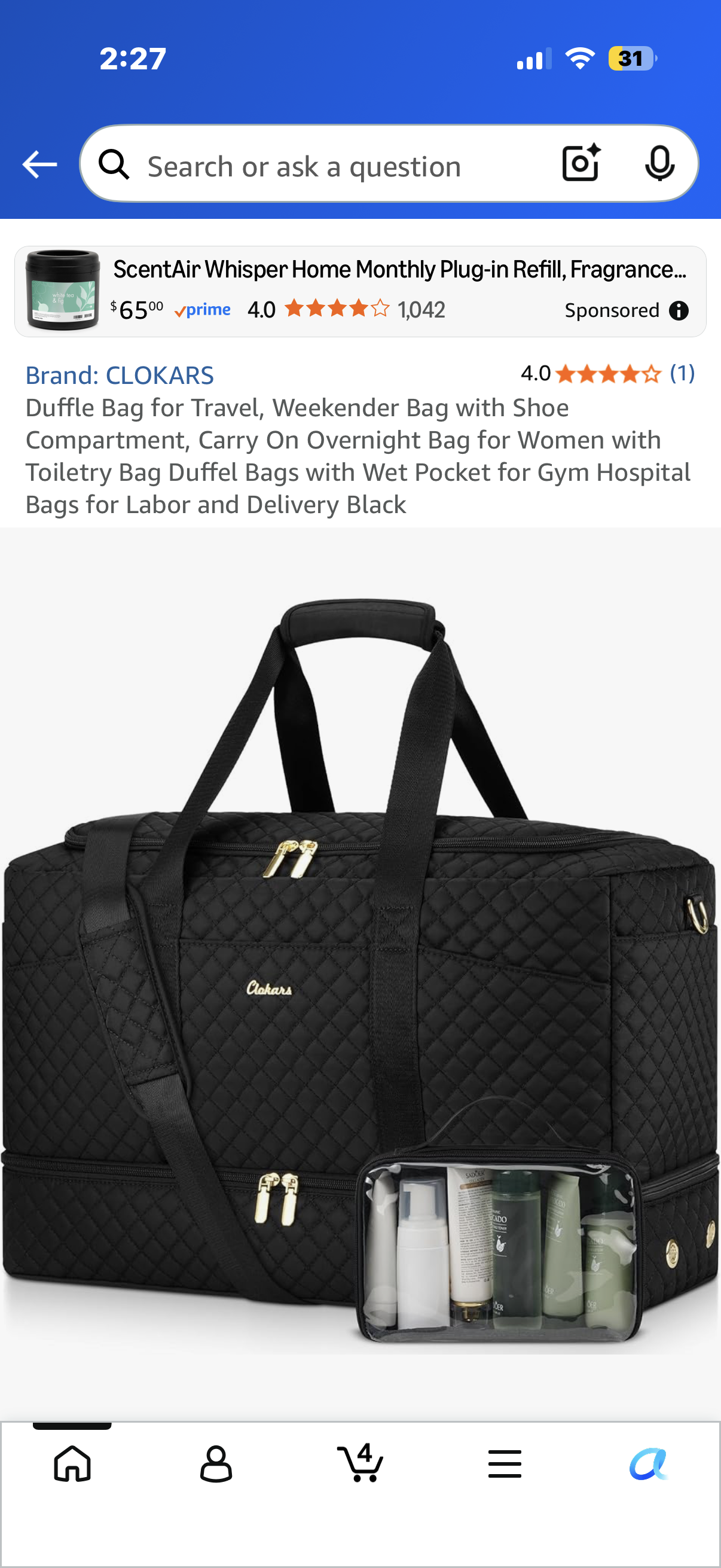 Duffle Bag for Travel, Weekender Bag with Shoe Compartment, Carry On Overnight Bag for Women with Toiletry Bag Duffel Bags with Wet Pocket for Gym Hospital Bags for Labor and Delivery Black