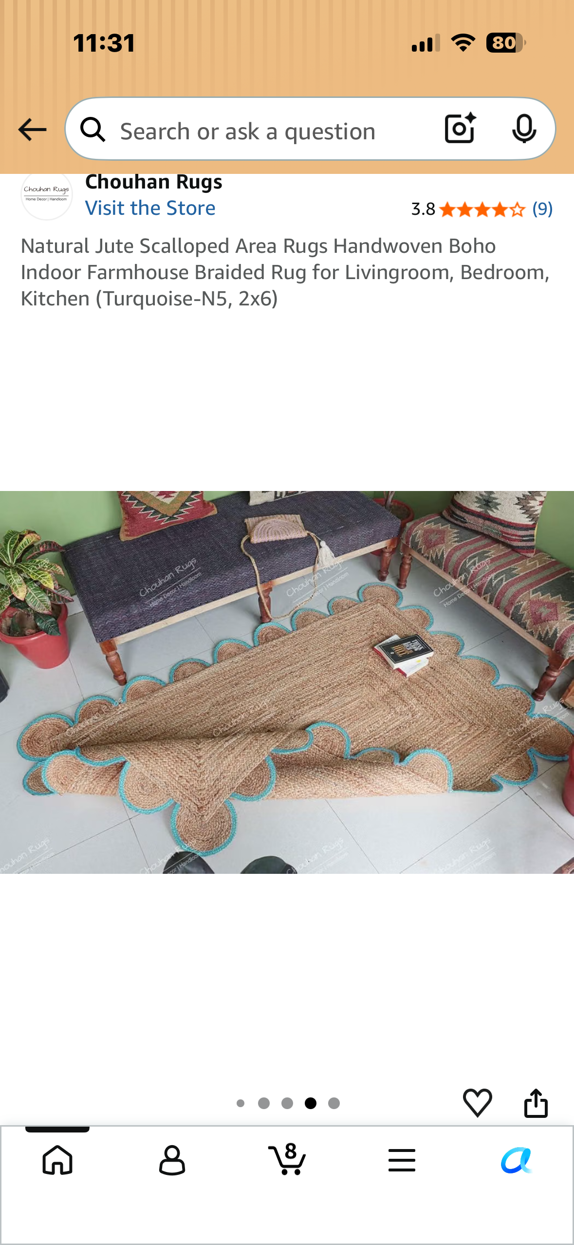 Natural Jute Scalloped Area Rugs Handwoven Boho Indoor Farmhouse Braided Rug for Livingroom, Bedroom, Kitchen (Turquoise-N5, 2x6)