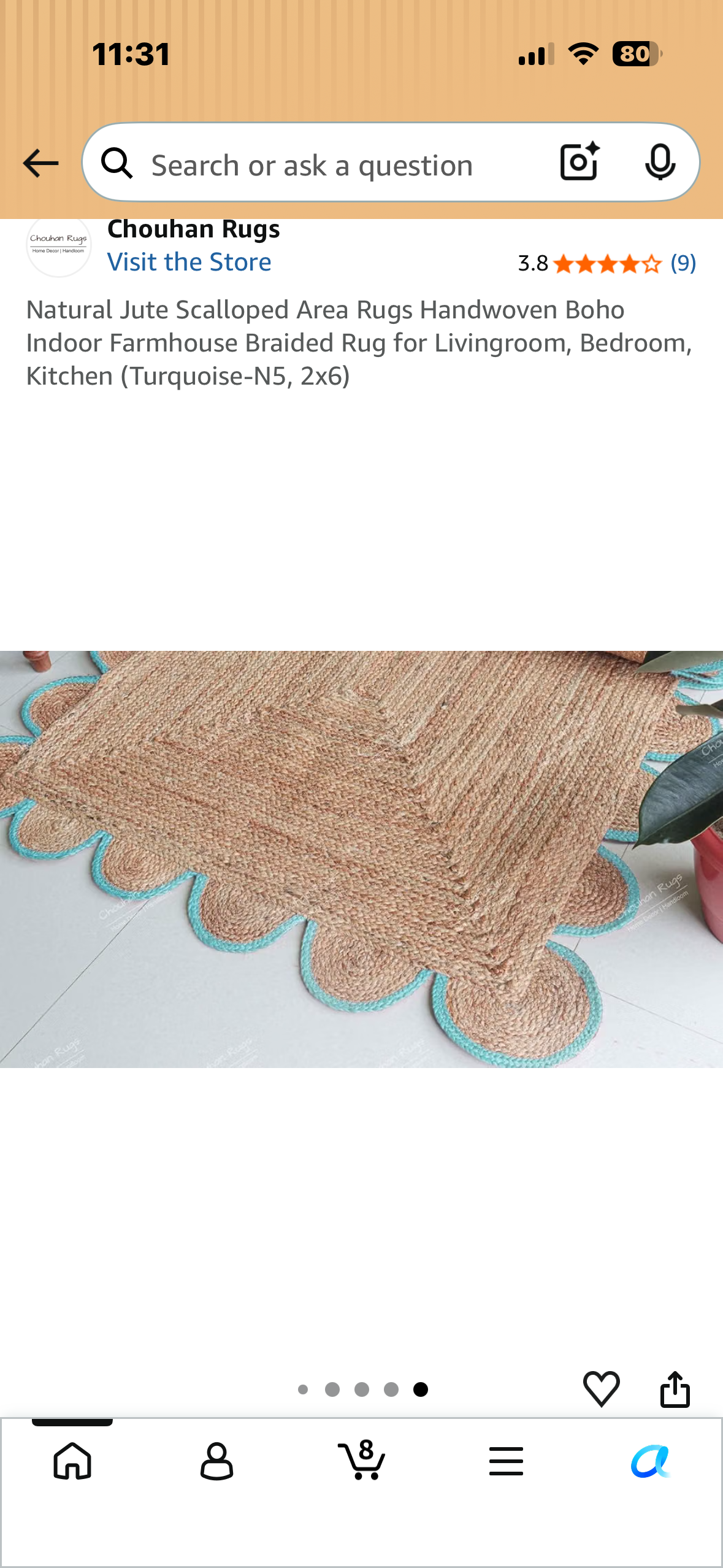 Natural Jute Scalloped Area Rugs Handwoven Boho Indoor Farmhouse Braided Rug for Livingroom, Bedroom, Kitchen (Turquoise-N5, 2x6)