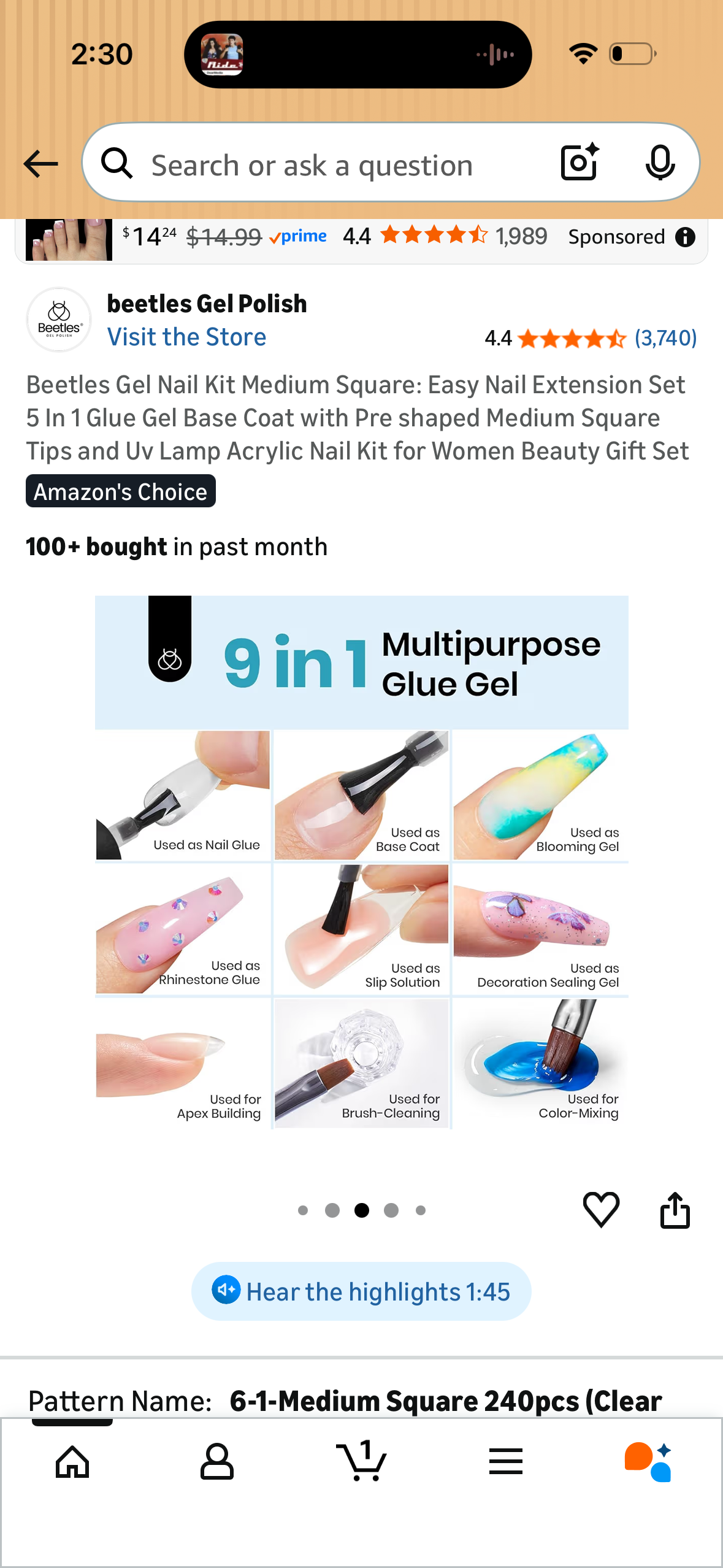 Beetles Gel Nail Kit Medium Square: Easy Nail Extension Set 5 In 1 Glue Gel Base Coat with Pre shaped Medium Square Tips and Uv Lamp Acrylic Nail Kit for Women Beauty Gift Set