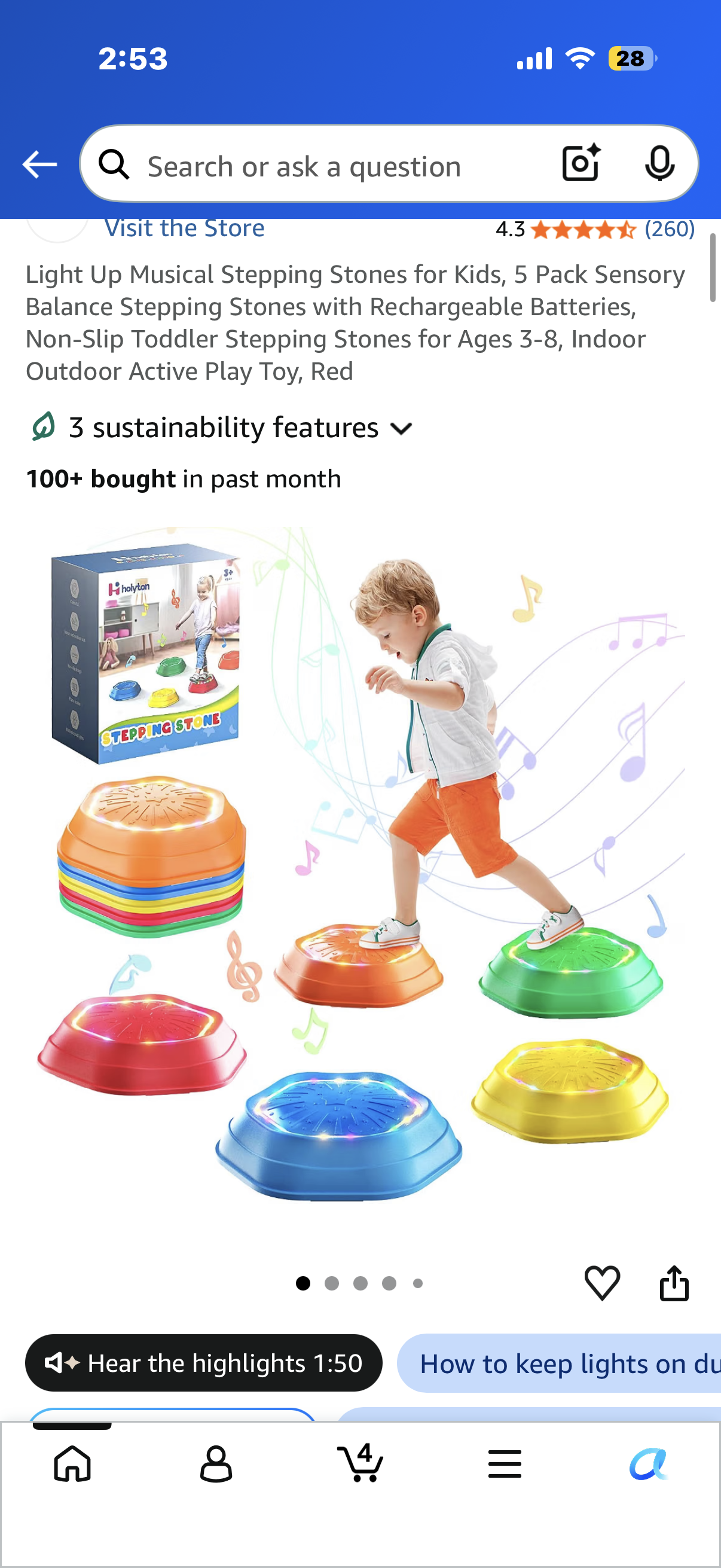 Light Up Musical Stepping Stones for Kids, 5 Pack Sensory Balance Stepping Stones with Rechargeable Batteries, Non-Slip Toddler Stepping Stones for Ages 3-8, Indoor Outdoor Active Play Toy, Red