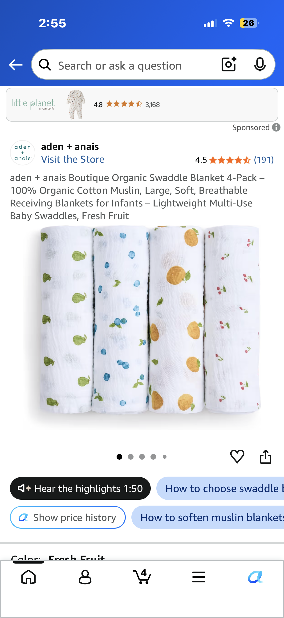 aden + anais Boutique Organic Swaddle Blanket 4-Pack – 100% Organic Cotton Muslin, Large, Soft, Breathable Receiving Blankets for Infants – Lightweight Multi-Use Baby Swaddles, Fresh Fruit