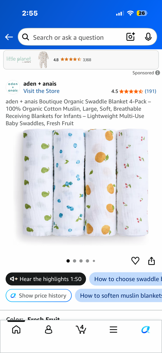 aden + anais Boutique Organic Swaddle Blanket 4-Pack – 100% Organic Cotton Muslin, Large, Soft, Breathable Receiving Blankets for Infants – Lightweight Multi-Use Baby Swaddles, Fresh Fruit