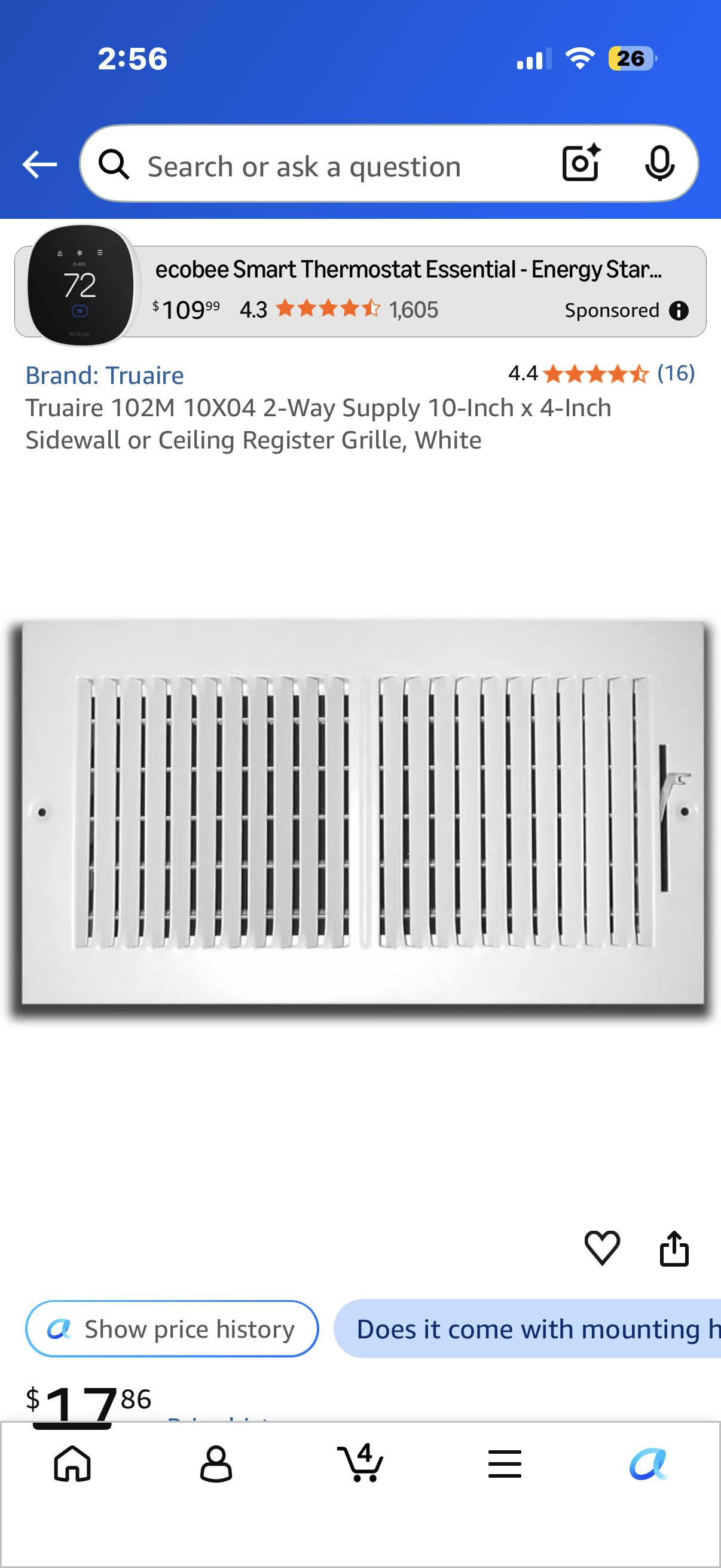 Truaire 102M 10X04 2-Way Supply 10-Inch x 4-Inch Sidewall or Ceiling Register Grille, White