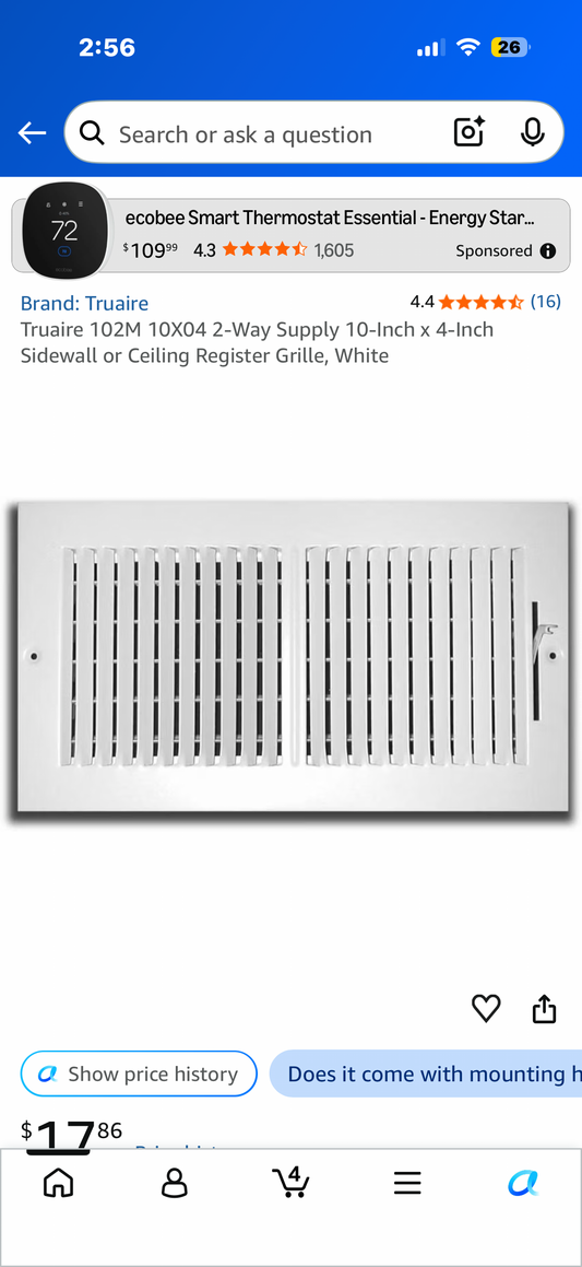 Truaire 102M 10X04 2-Way Supply 10-Inch x 4-Inch Sidewall or Ceiling Register Grille, White