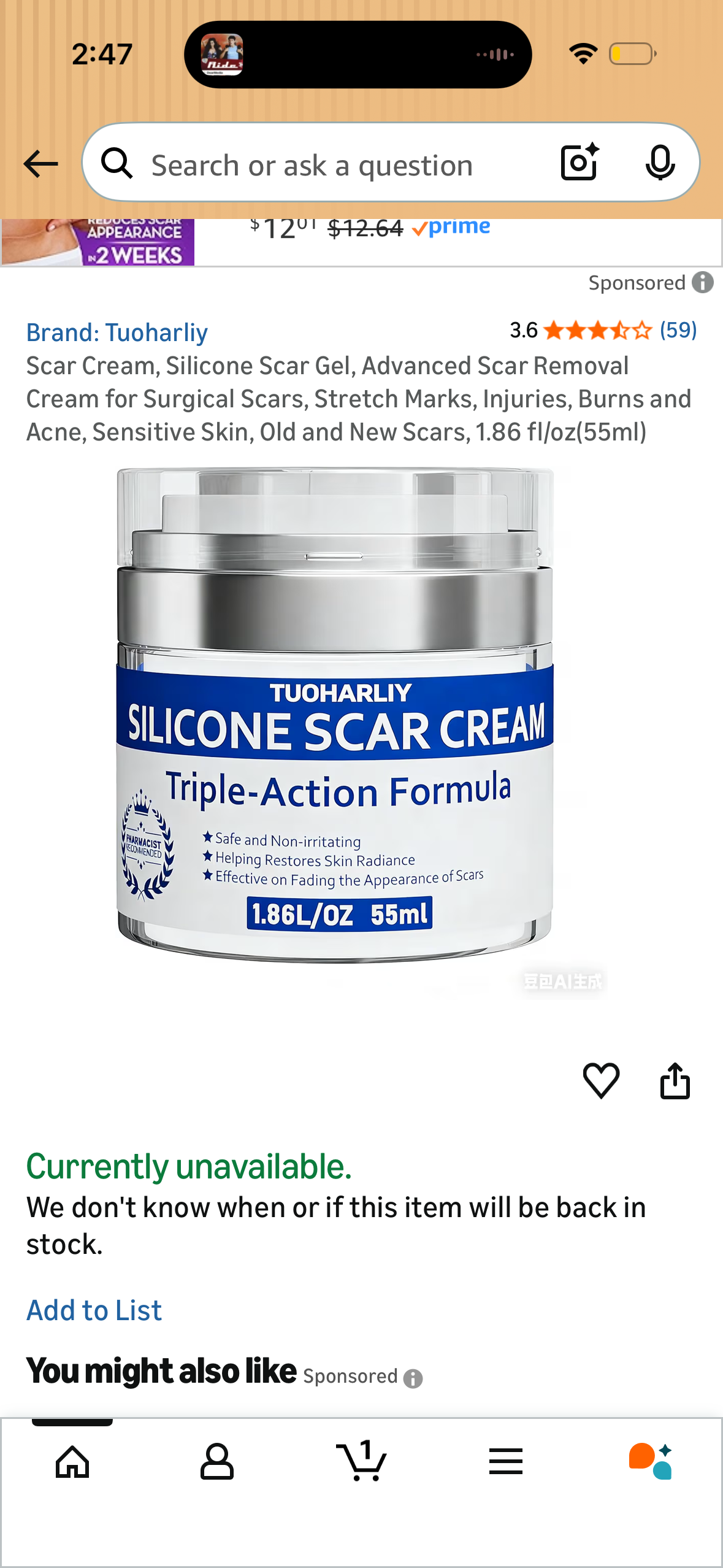 Scar Cream, Silicone Scar Gel, Advanced Scar Removal Cream for Surgical Scars, Stretch Marks, Injuries, Burns and Acne, Sensitive Skin, Old and New Scars, 1.86 fl/oz(55ml)