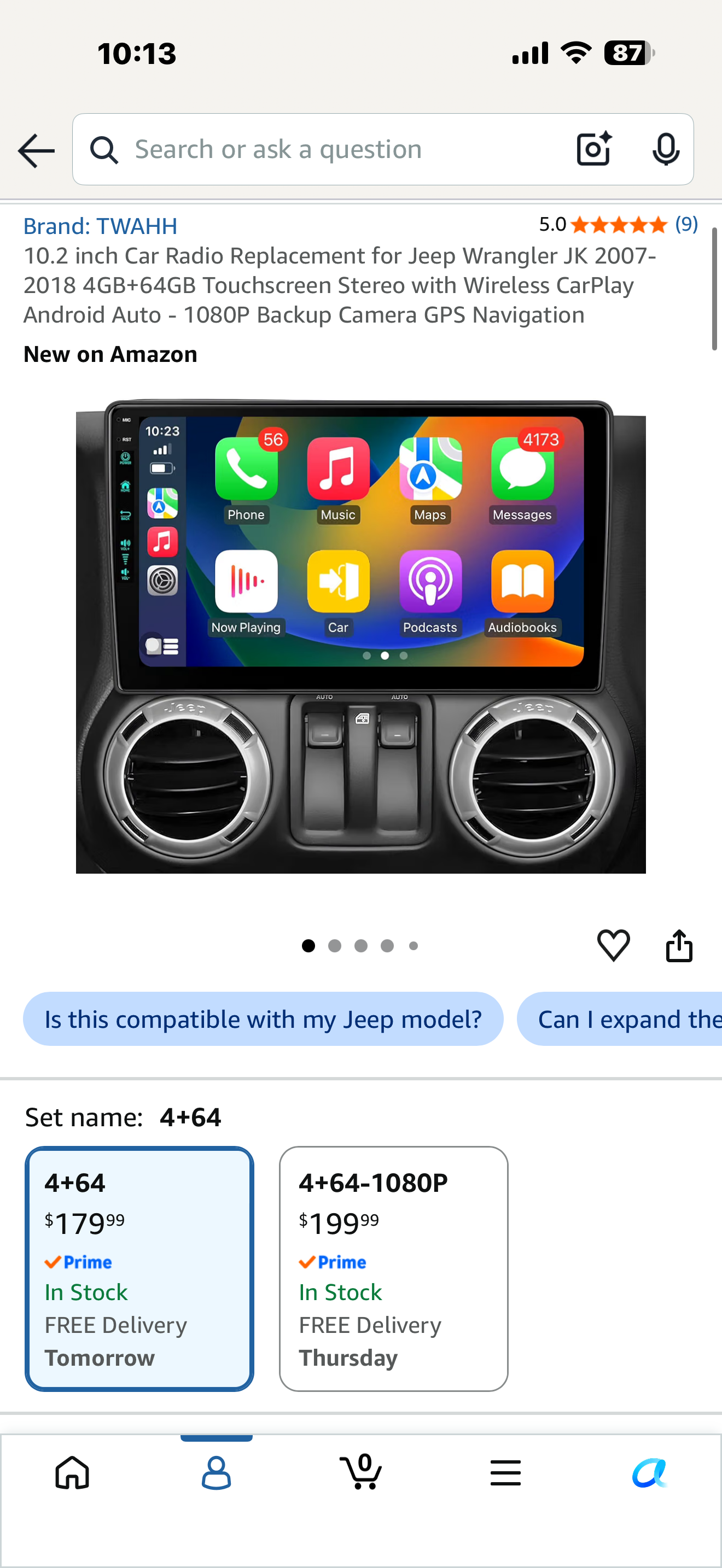 10.2 inch Car Radio Replacement for Jeep Wrangler JK 2007-2018 4GB+64GB Touchscreen Stereo with Wireless CarPlay Android Auto - 1080P Backup Camera GPS Navigation