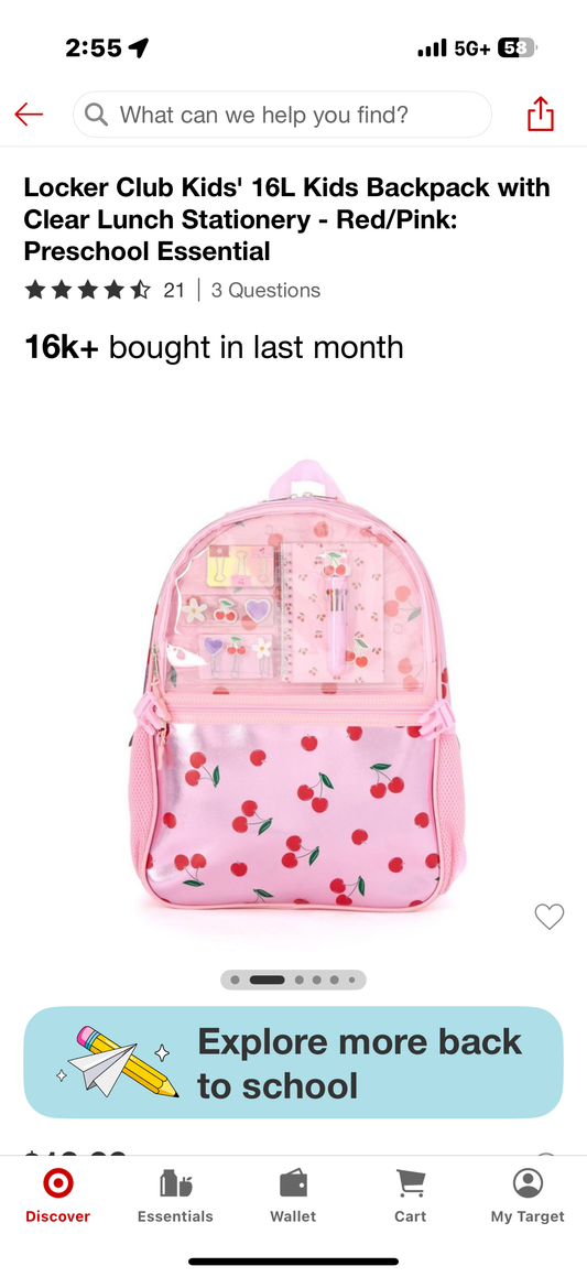Locker Club Kids' 16L Kids Backpack with Clear Lunch Stationery - Red/Pink:
Preschool Essential