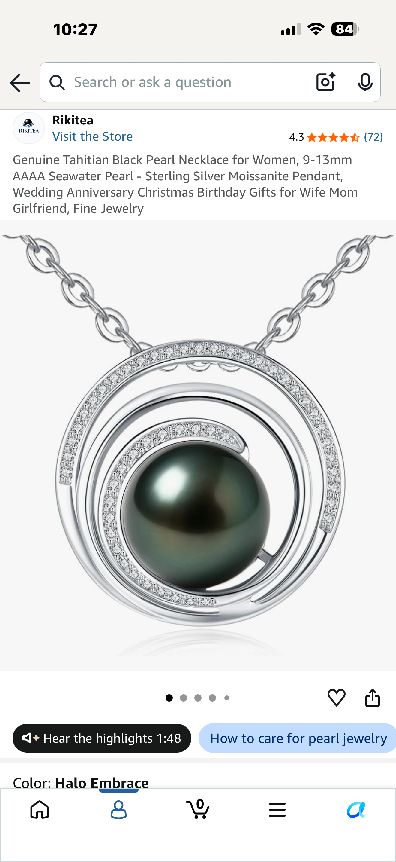 Genuine Tahitian Black Pearl Necklace for Women, 9-13mm AAAA Seawater Pearl - Sterling Silver Moissanite Pendant