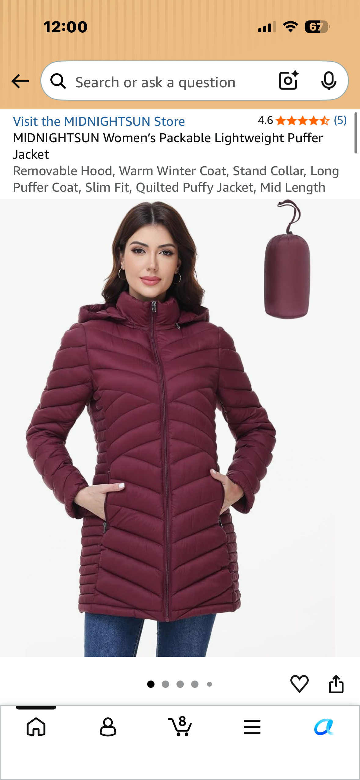 MIDNIGHTSUN Women’s Packable Lightweight Puffer Jacket Removable Hood, Warm Winter Coat, Stand Collar, Long Puffer Coat, Slim Fit, Quilted Puffy Jacket, Mid Length (Size Large)