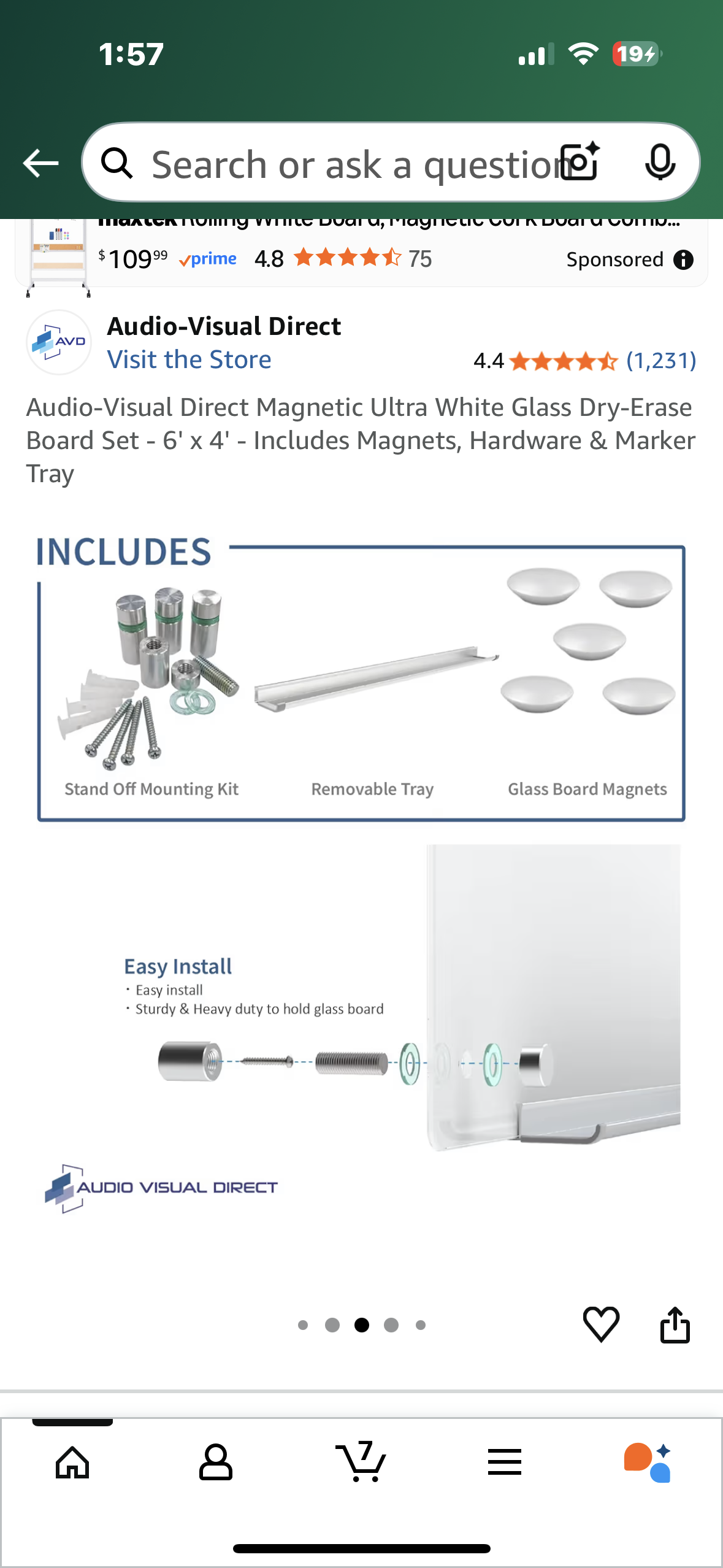Audio-Visual Direct Magnetic Ultra White Glass Dry-Erase Board Set - 6' x 4' - Includes Magnets, Hardware & Marker Tray (O455)
